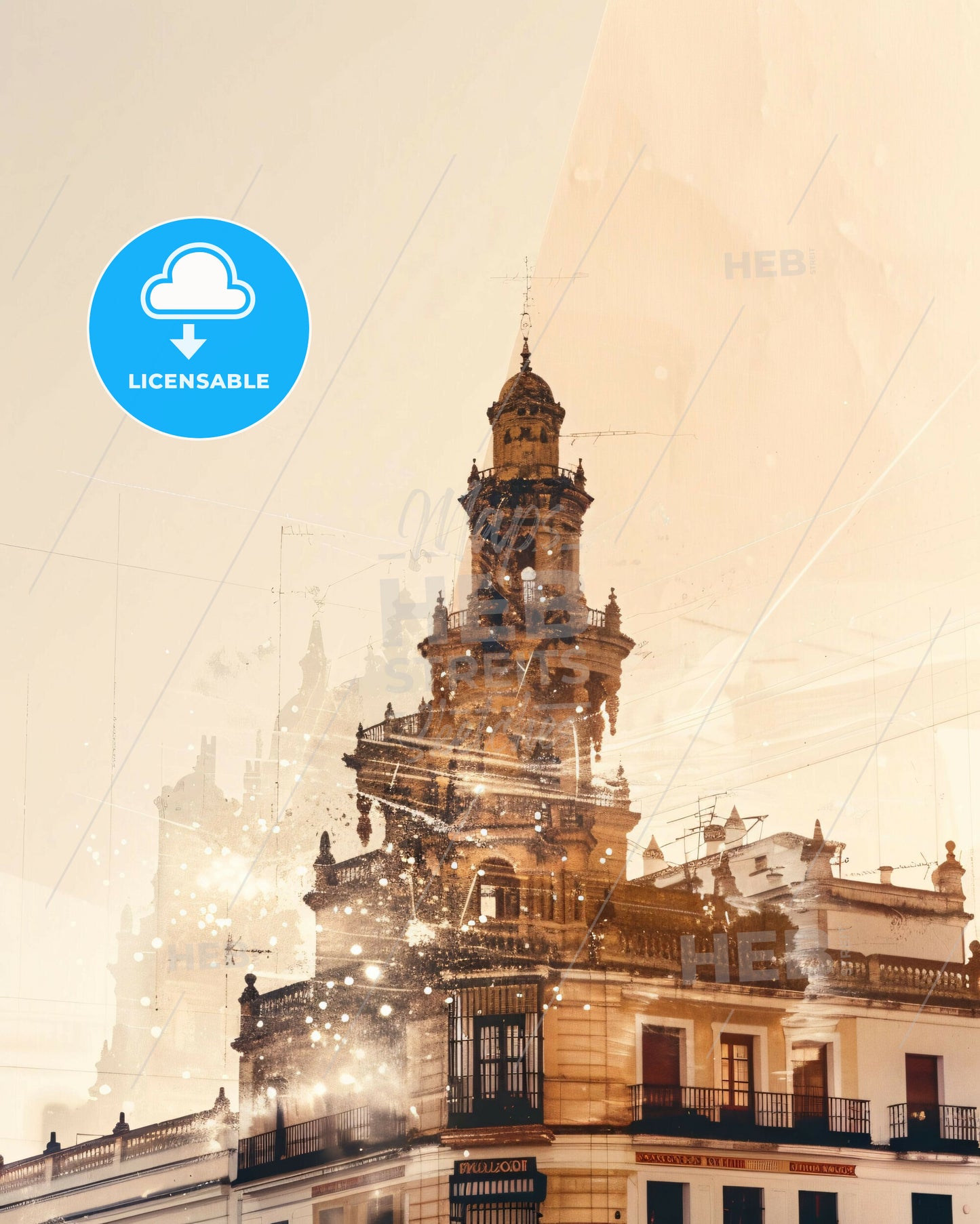 Sevilla Skyline Double Exposure Architectural Art - A building with a tower