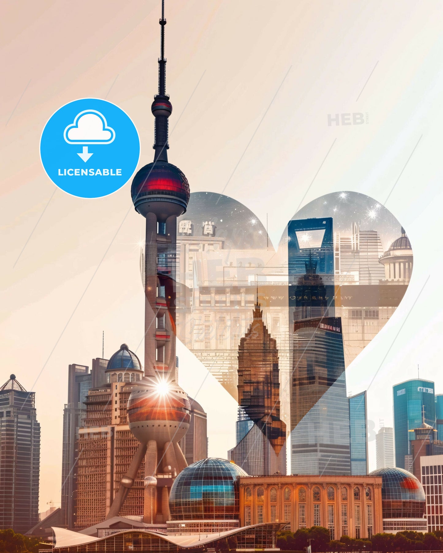 Shanghai City Icon Composite Fine Art Poster - A city skyline with a heart shaped object