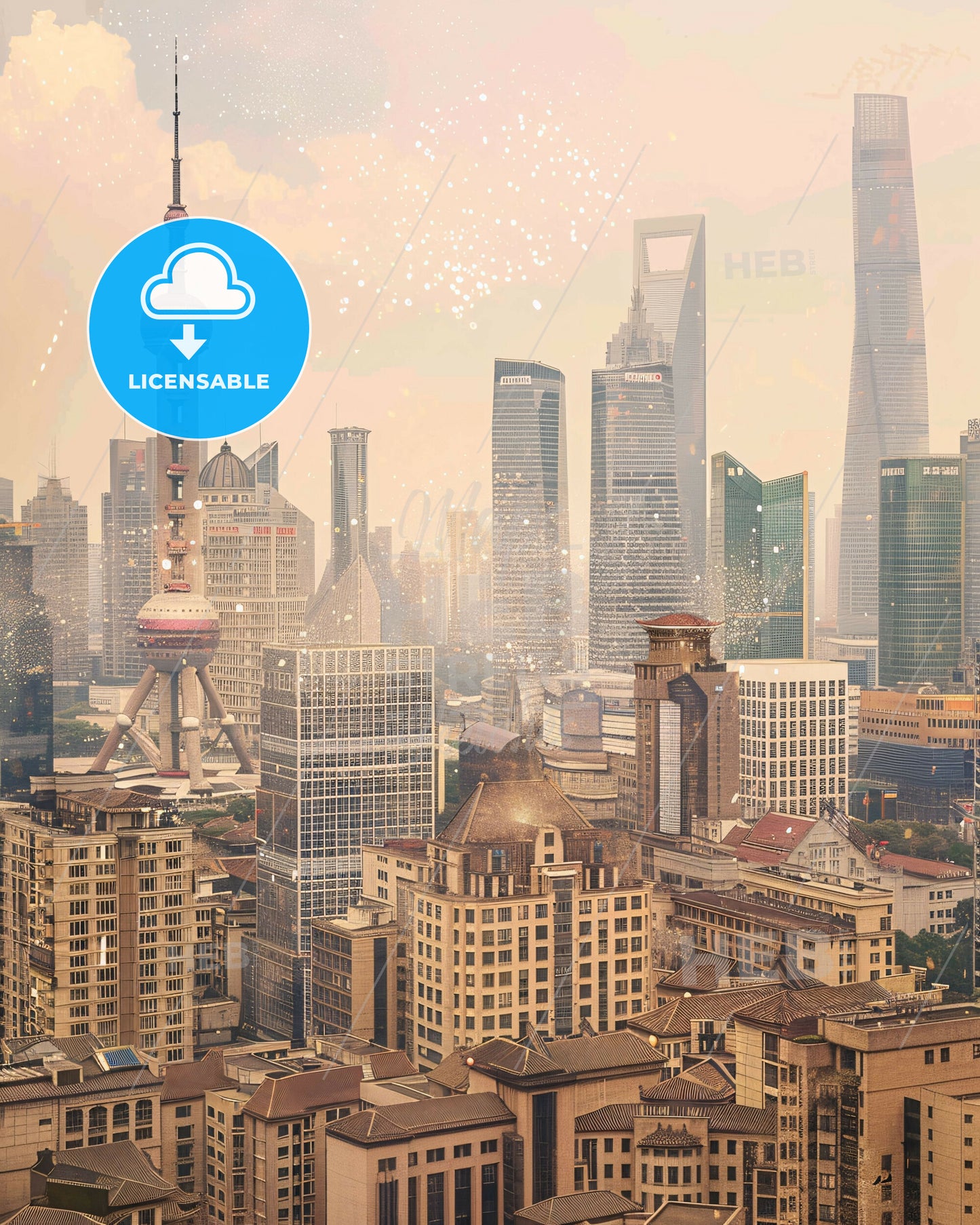 Shanghai Skyline Double Exposure Artwork - A city with tall buildings and fireworks