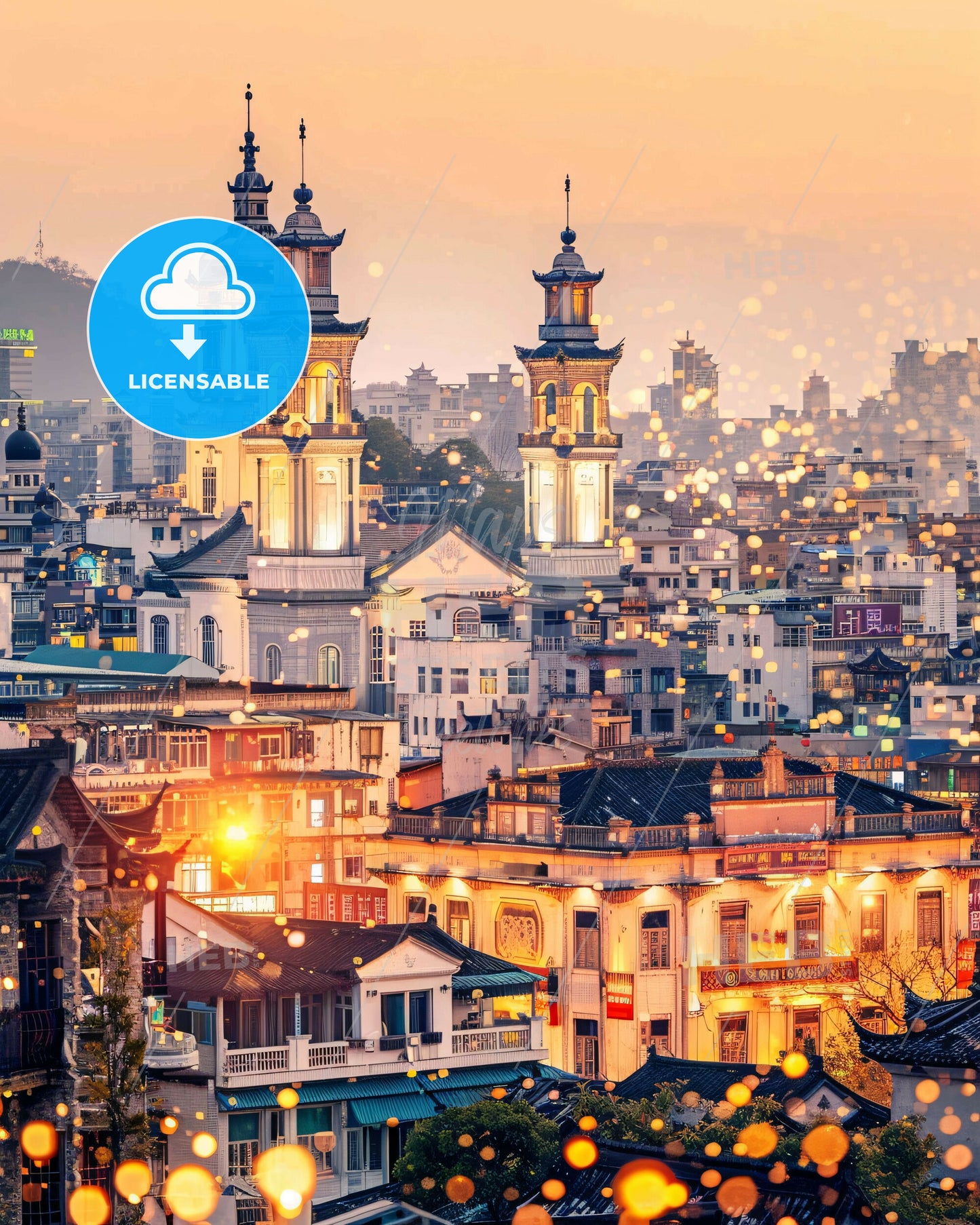 Shantou City Double Exposure Poster Skyline Sparkle - A city with many buildings