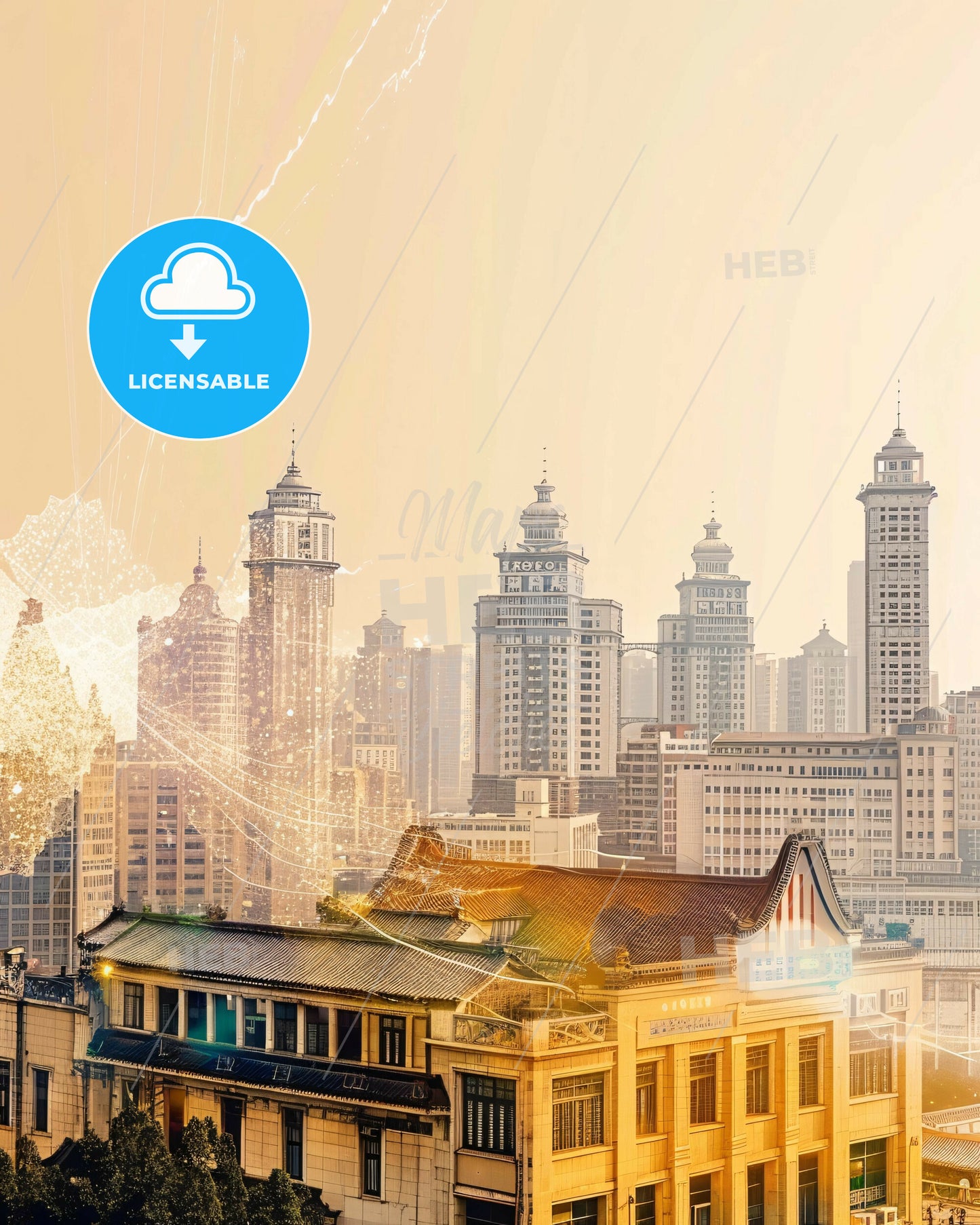 China Shantou City Skyline Double Exposure - A city skyline with a map