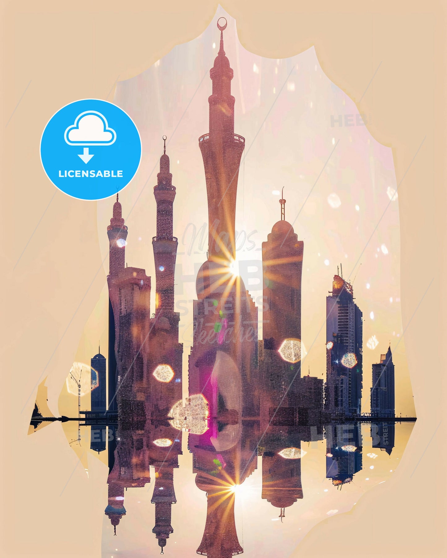 Sharjah Skyline Architecture Composite Art Poster - A reflection of a city with a sunset behind it
