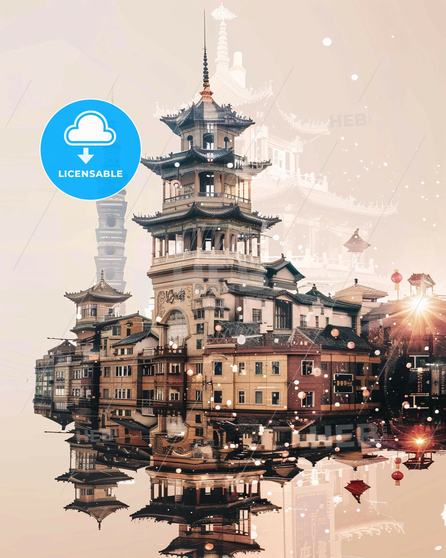 Shouguang City Lights Silhouettes Sparkle Poster - A building with a tower in the middle of water