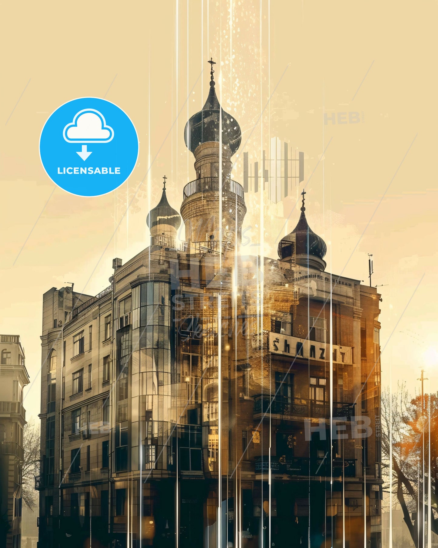 Shymkent City Skyline: A Shimmering Collage - A building with a tower