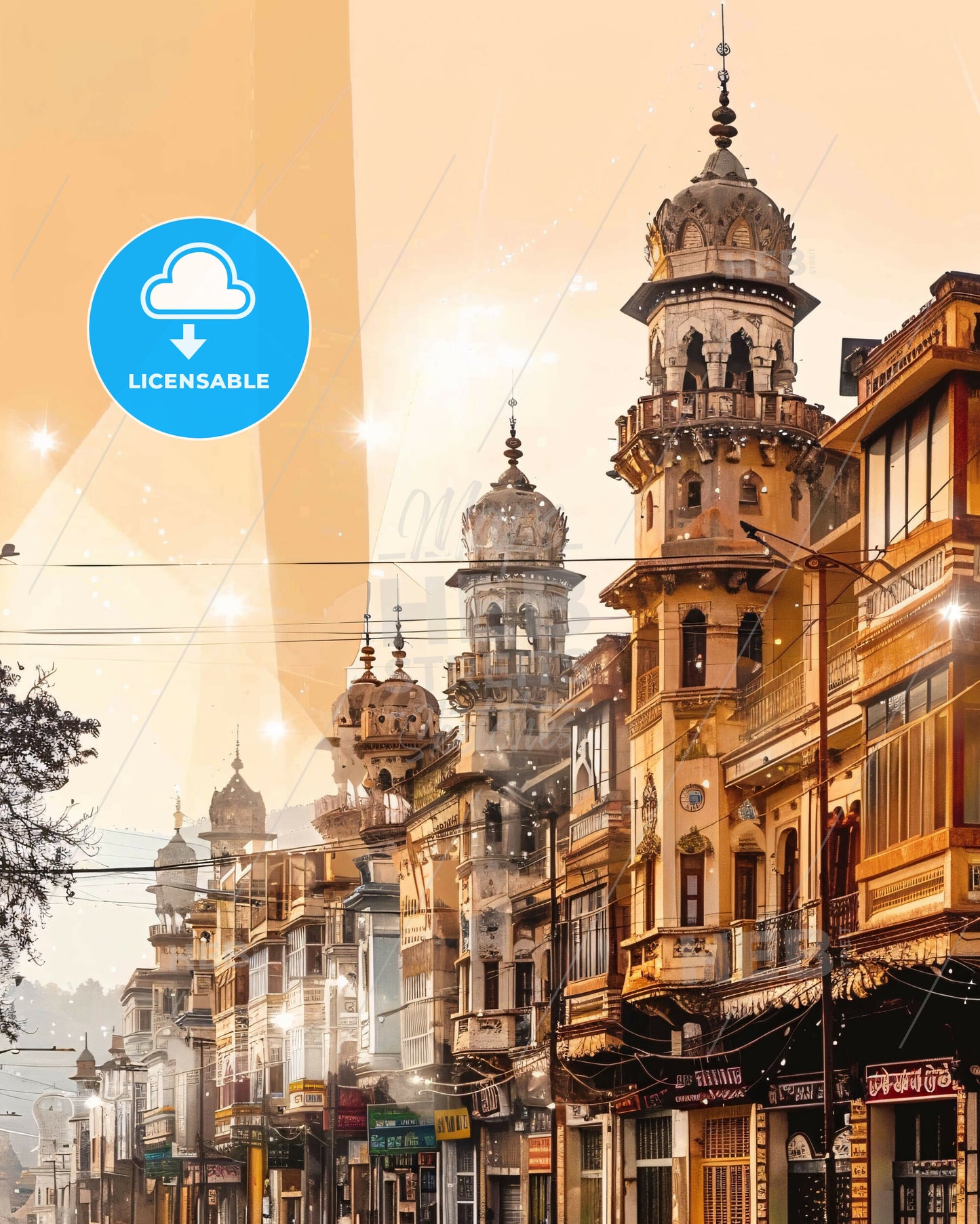 Sialkot: Double Exposure City Skyline - A city street with buildings and a tower