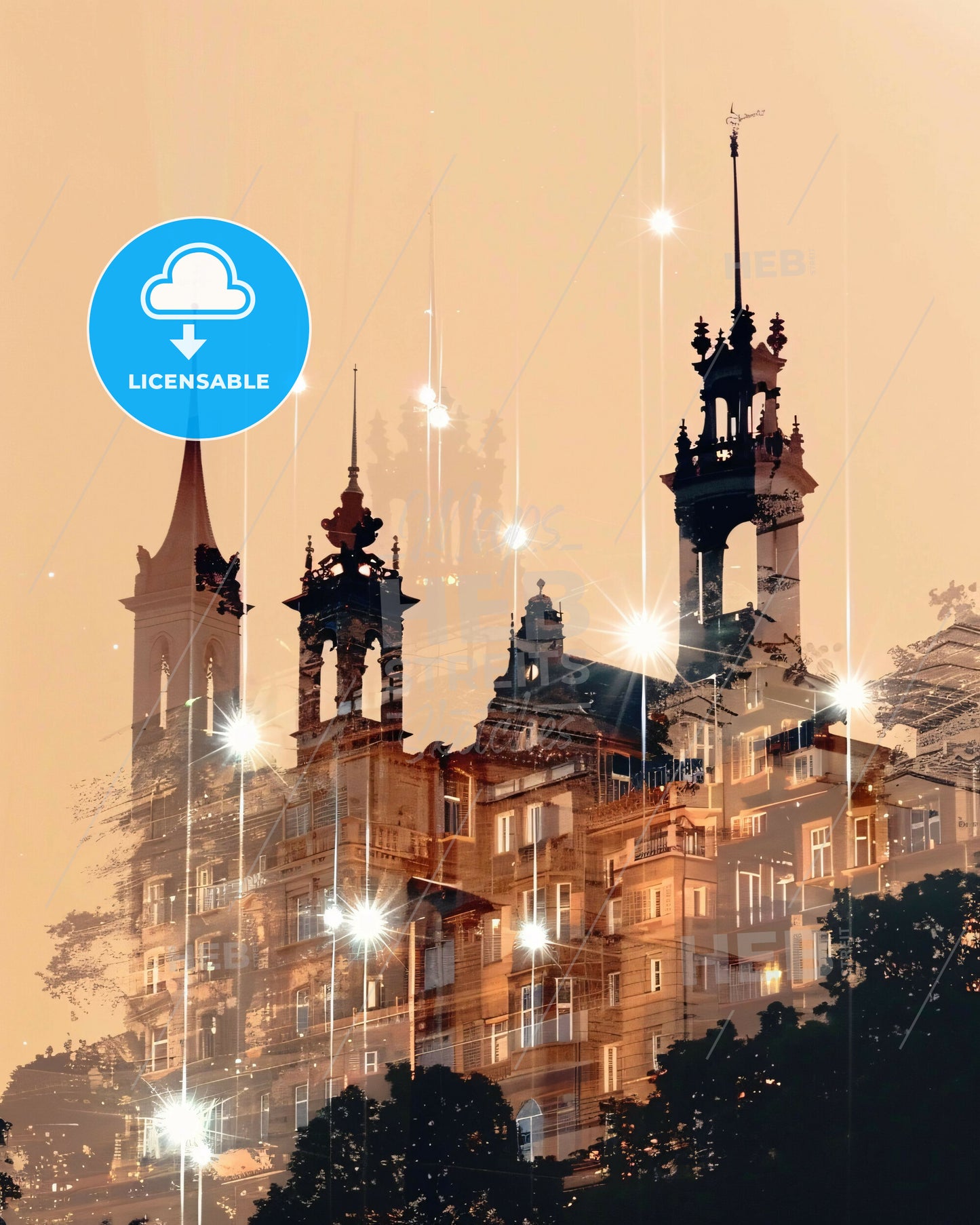 Sion Skyline Double Exposure Art Poster - A building with many spires and lights
