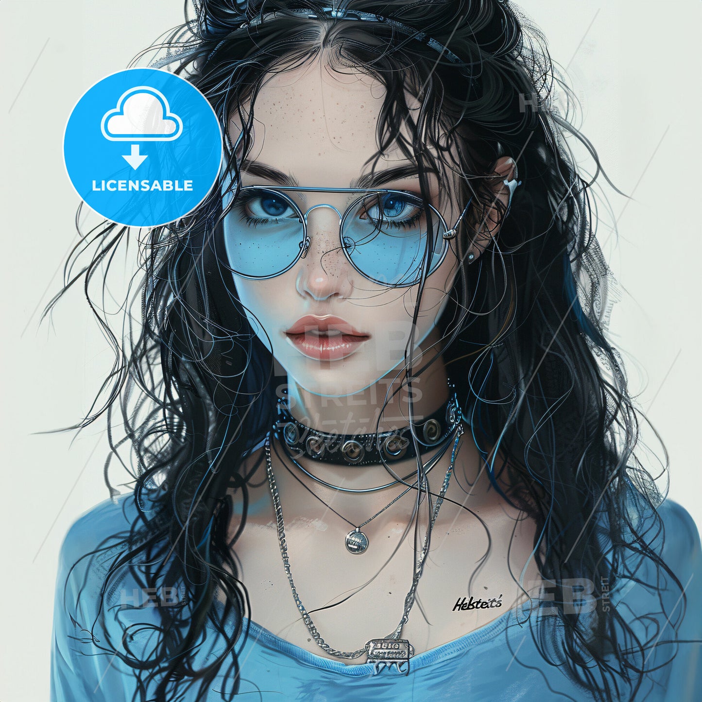 A Woman With Long Hair Wearing Blue Glasses And Necklaces