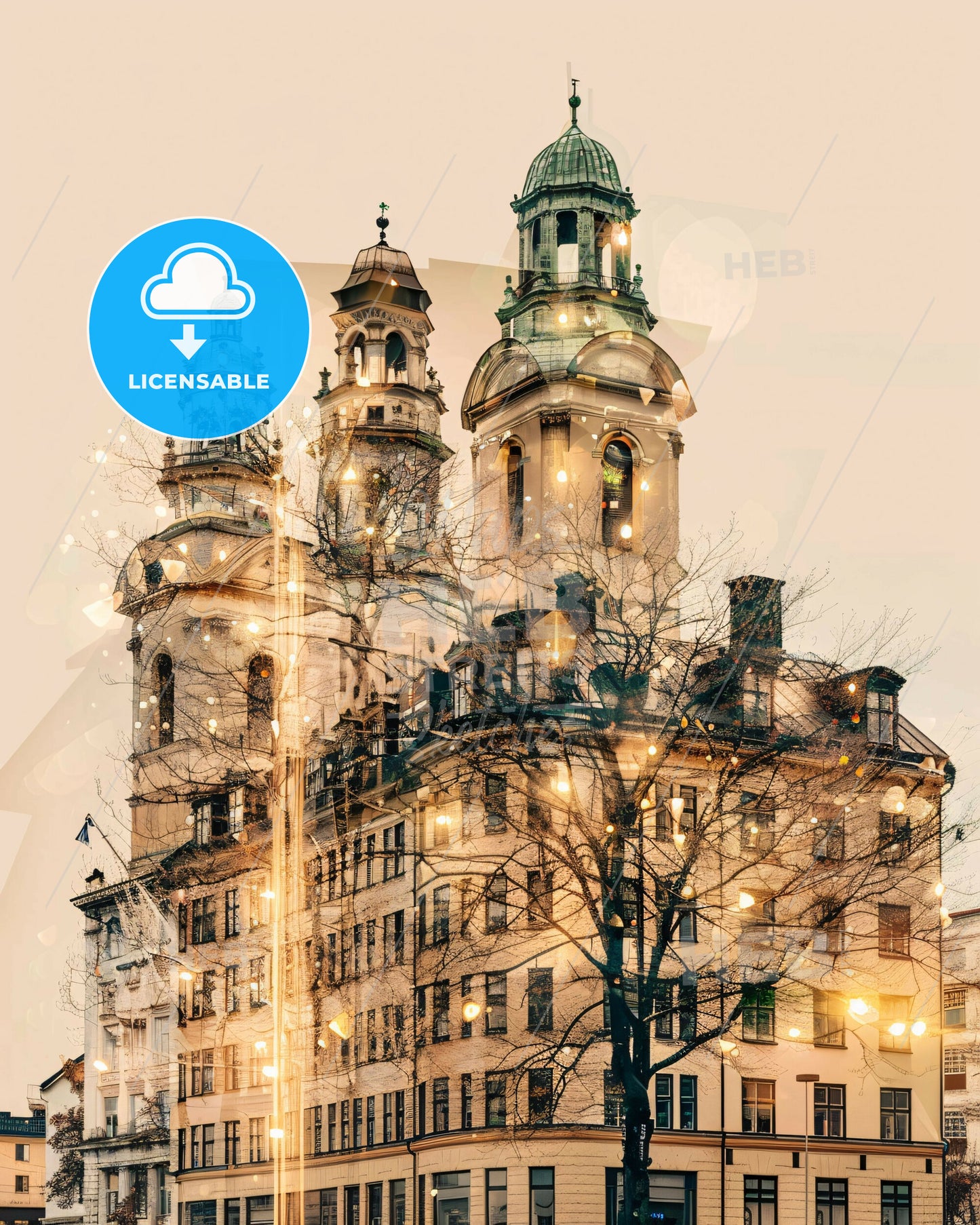 Skövde Skyline Double Exposure Beige Poster with Sparkles - A building with a tree and lights