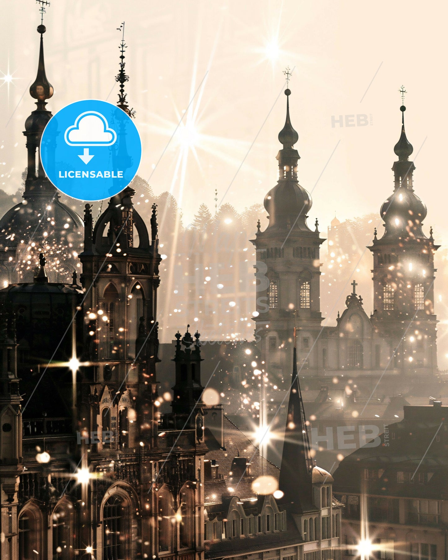 St. Gallen - Skyline Cityscape Art Print Poster - A building with many spires and a light burst