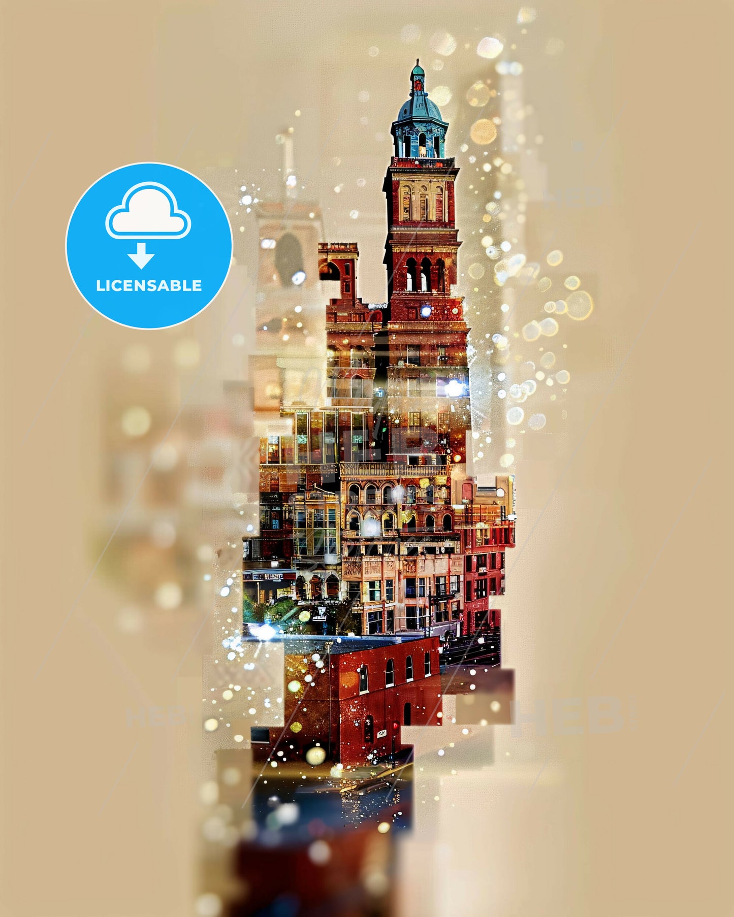 Stockton Skyline Sparkle Double Exposure Poster - A building with a tower and a blue roof