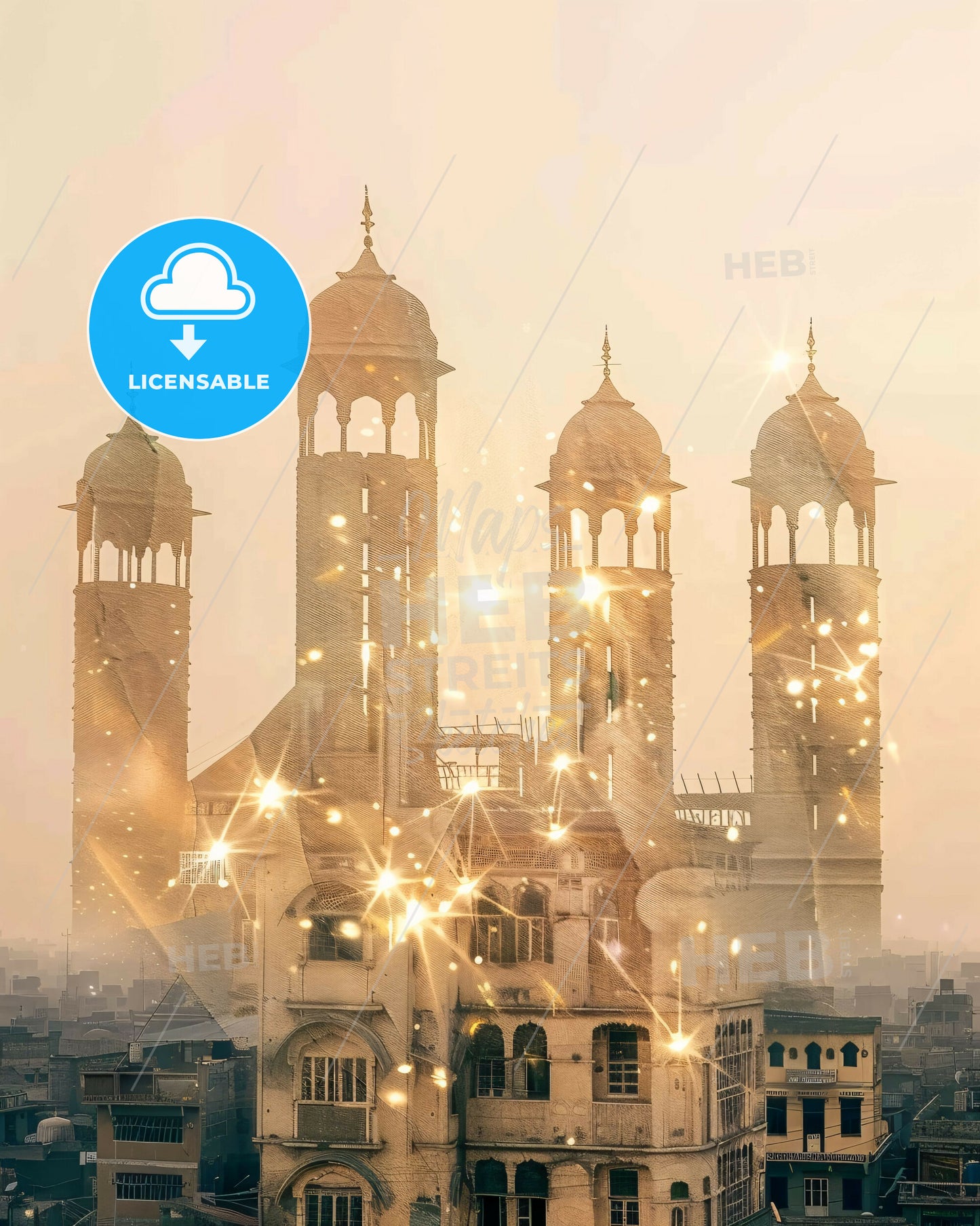 Sukkur Skyline Art: City Icons in Vibrant Hues - A building with towers and a city in the background