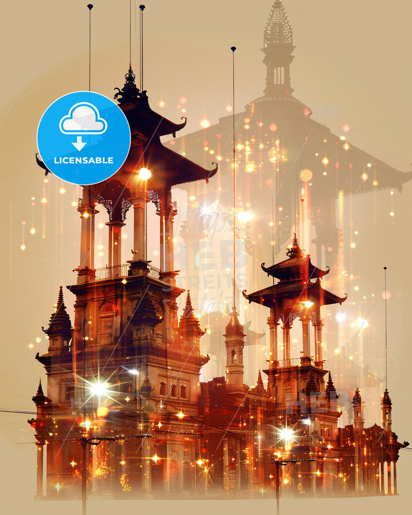 Surakarta Skyline Double Exposure Poster - A building with towers and lights