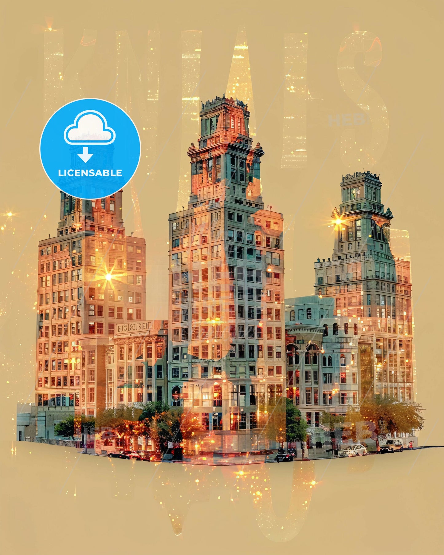 Surprise City Skyline Double Exposure Art Print - A group of buildings with lights