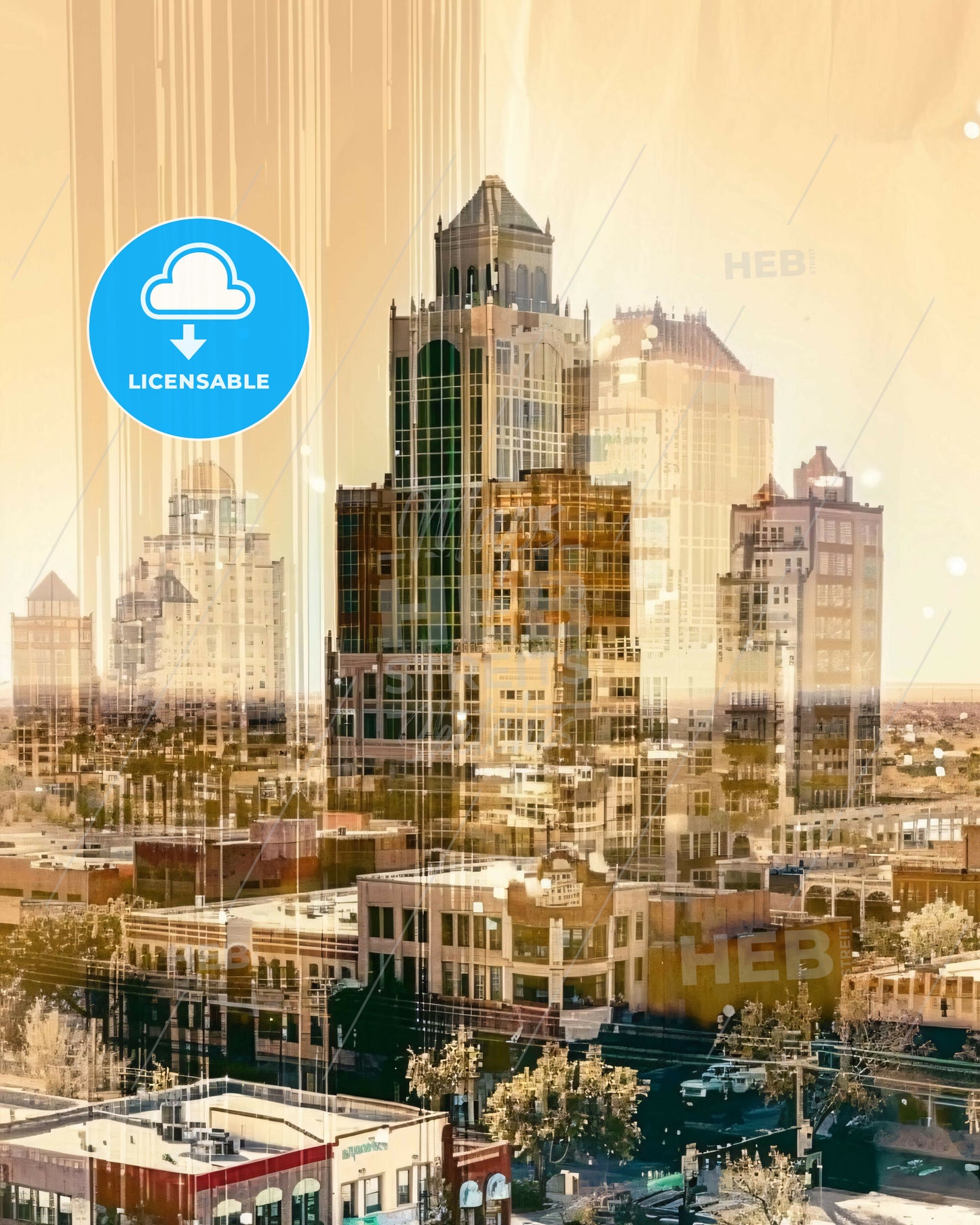 Surprise: Captivating City Skyline in Double Exposure - A city skyline with many tall buildings