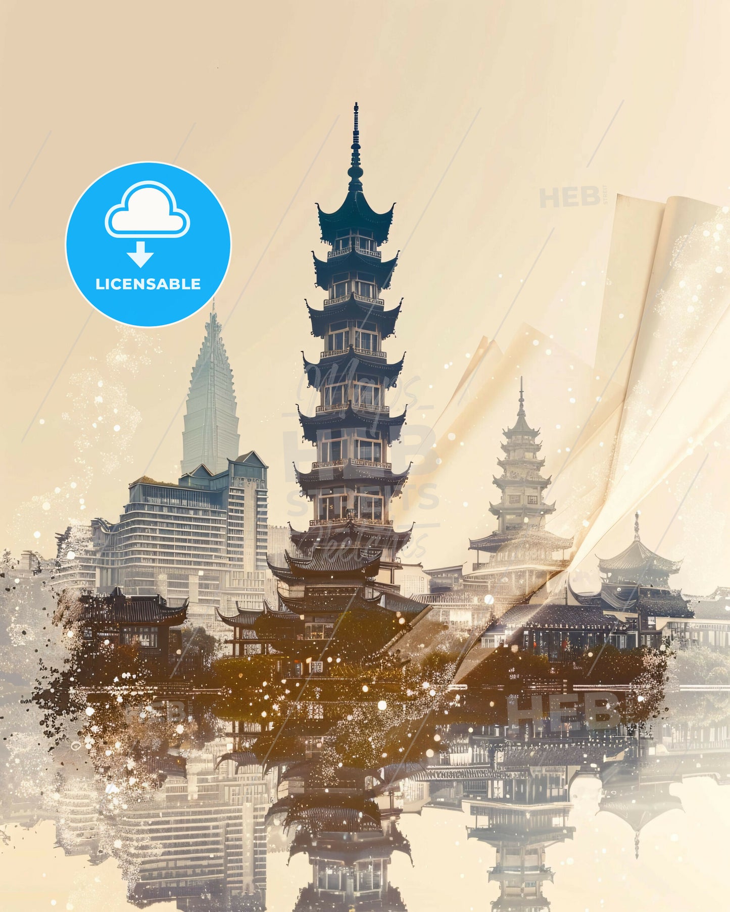 Suzhou Skyline Double Exposure Art Print - A city with a tall tower