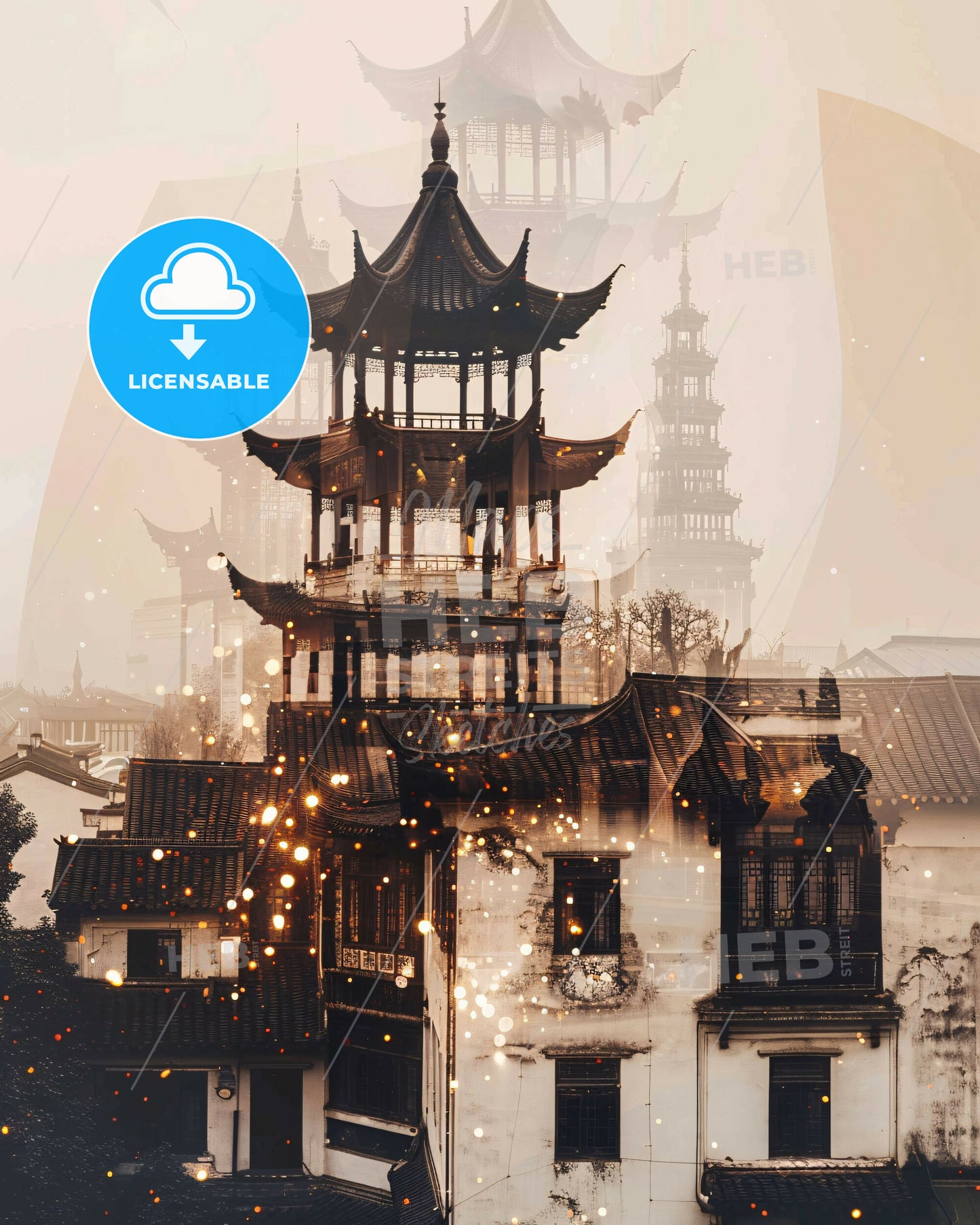 Suzhou Skyline Double Exposure Art Print - A building with a pagoda and a couple of buildings