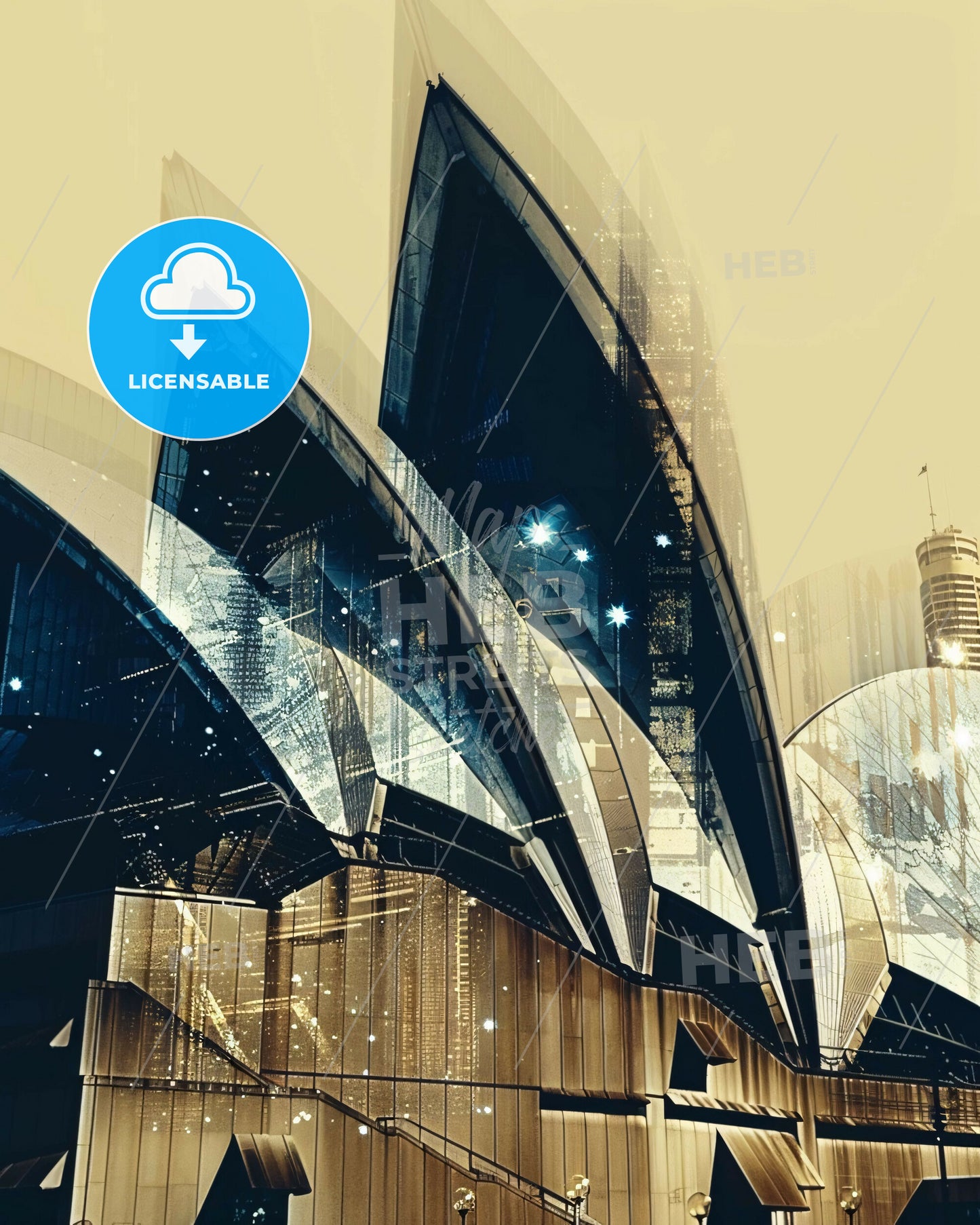 Sydney Skyline Art: Double Exposure, City Icons, Beige, Backlights, Sparkles - A building with a triangular roof