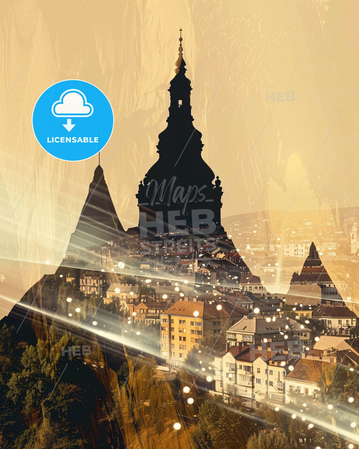 Szeged City Composite Skyline Silhouette Art Poster - A city with a steeple and a mountain