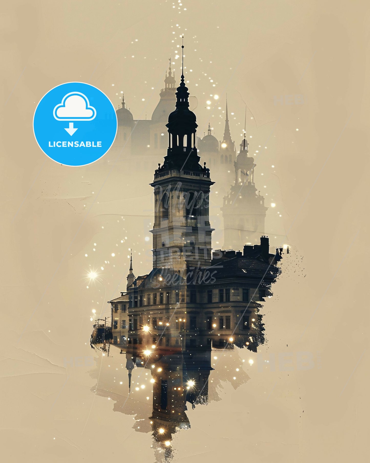 Szeged Skyline Composite Art with Beige Paper Background and Sparkles - A building with a tower and a tower