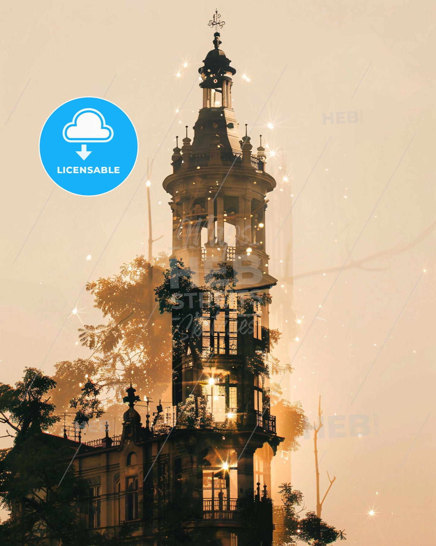 Szekesfehervar Skyline: Double Exposure City Art - A building with a tower and trees