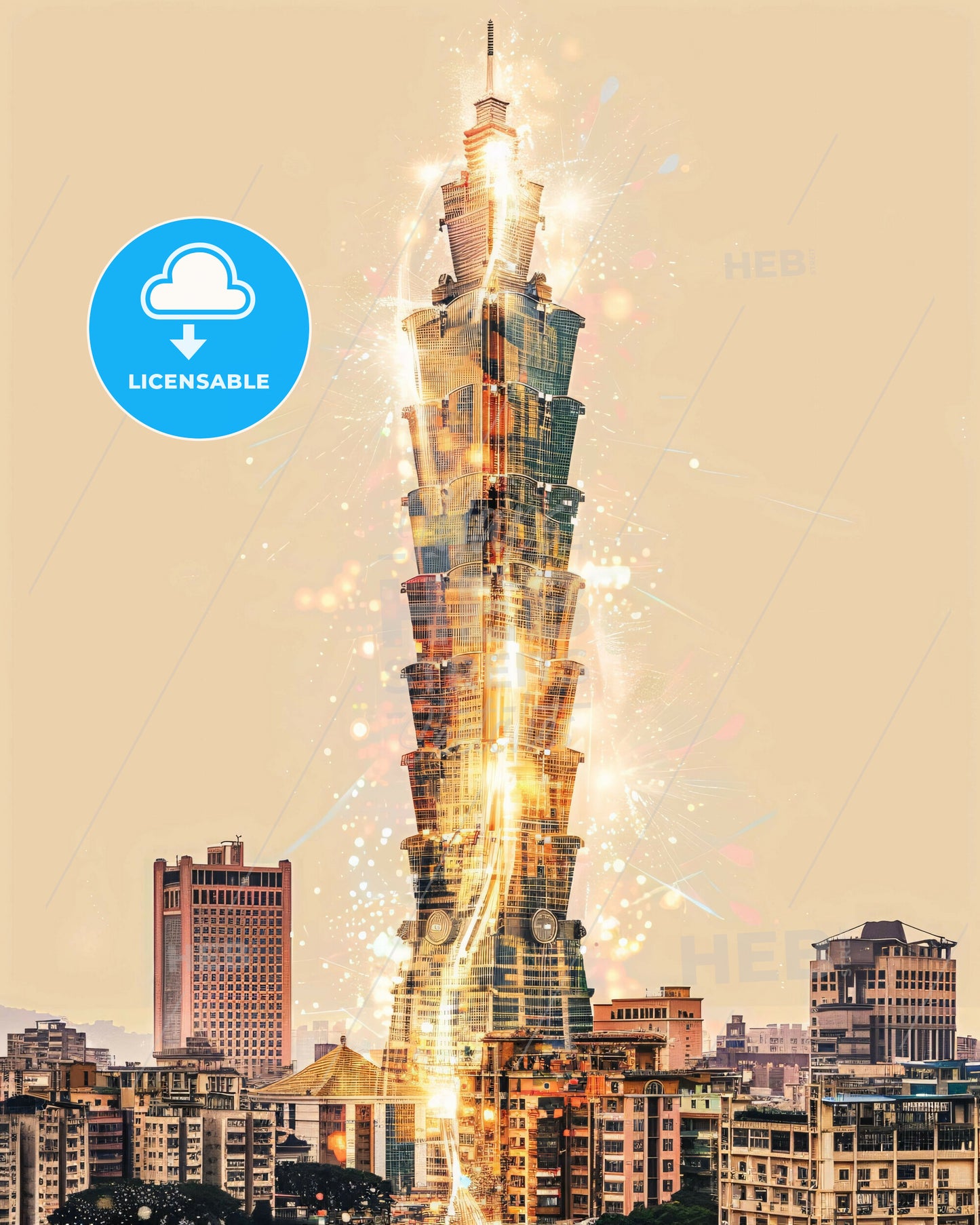 Taichung: City Skyline Double Exposure Art - A tall building with fireworks