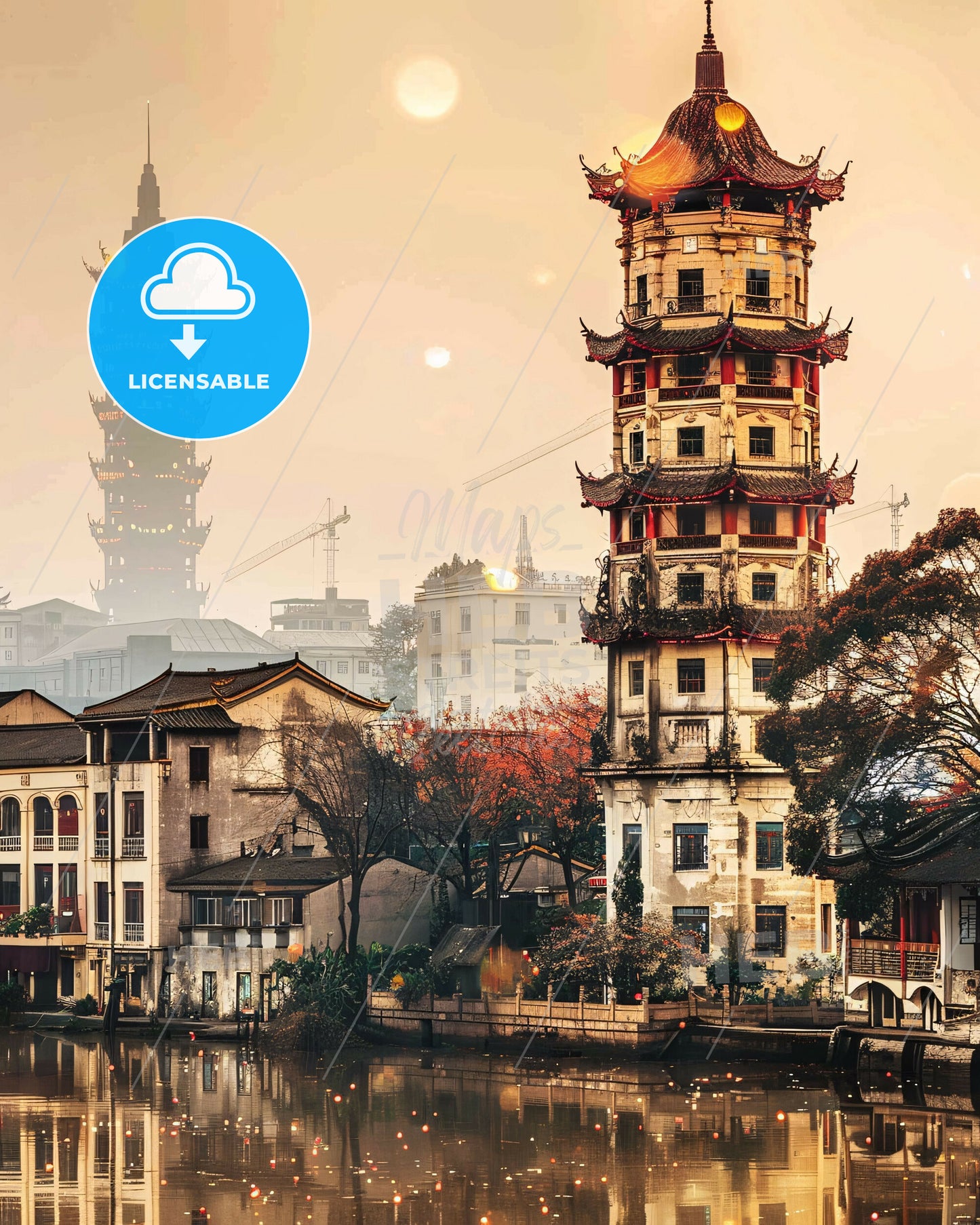 Taizhou Skyline Tapestry of Icons - A tall tower next to a body of water