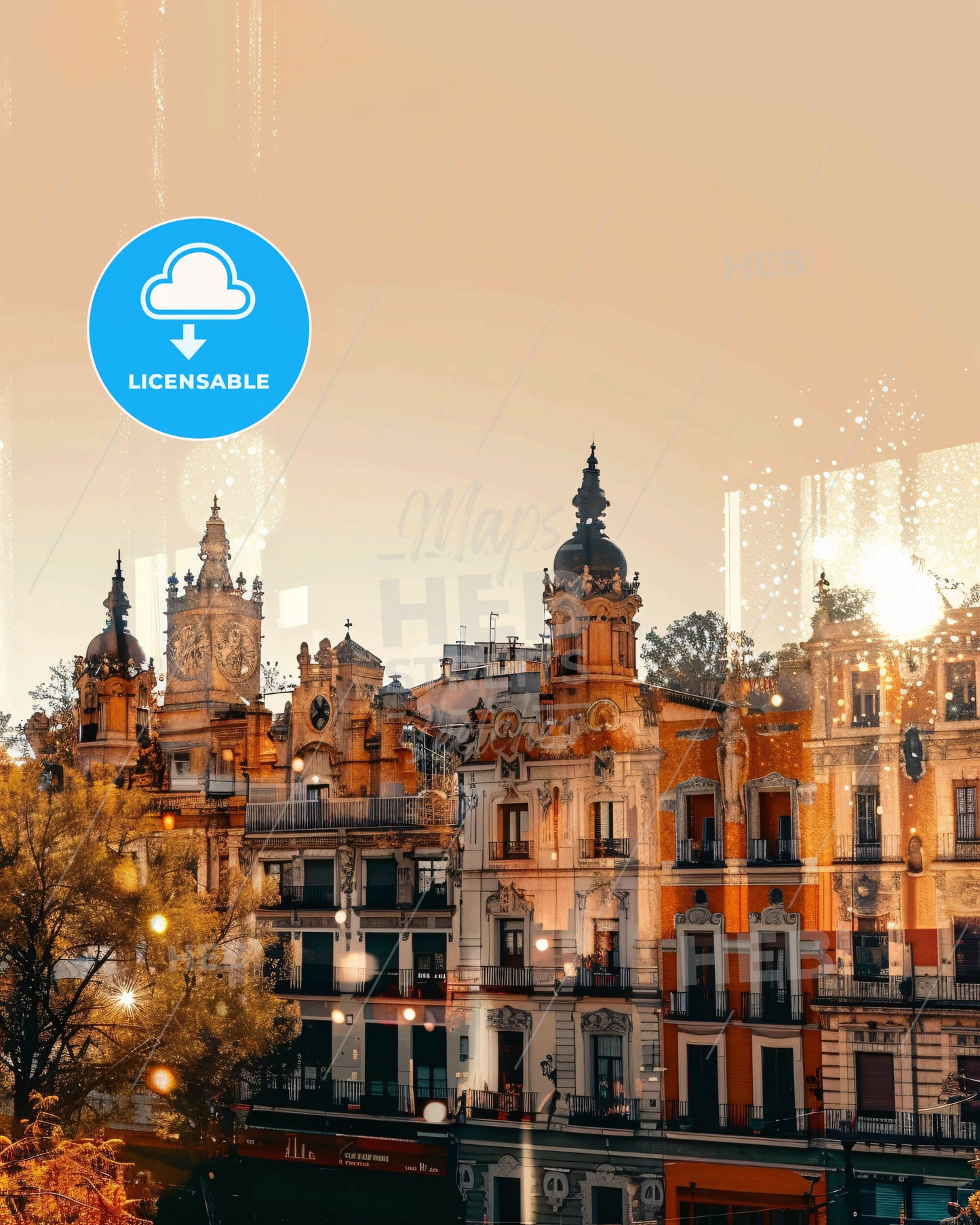 Talavera de la Reina Skyline Poster: City Lights and Icons - A group of buildings with trees and lights