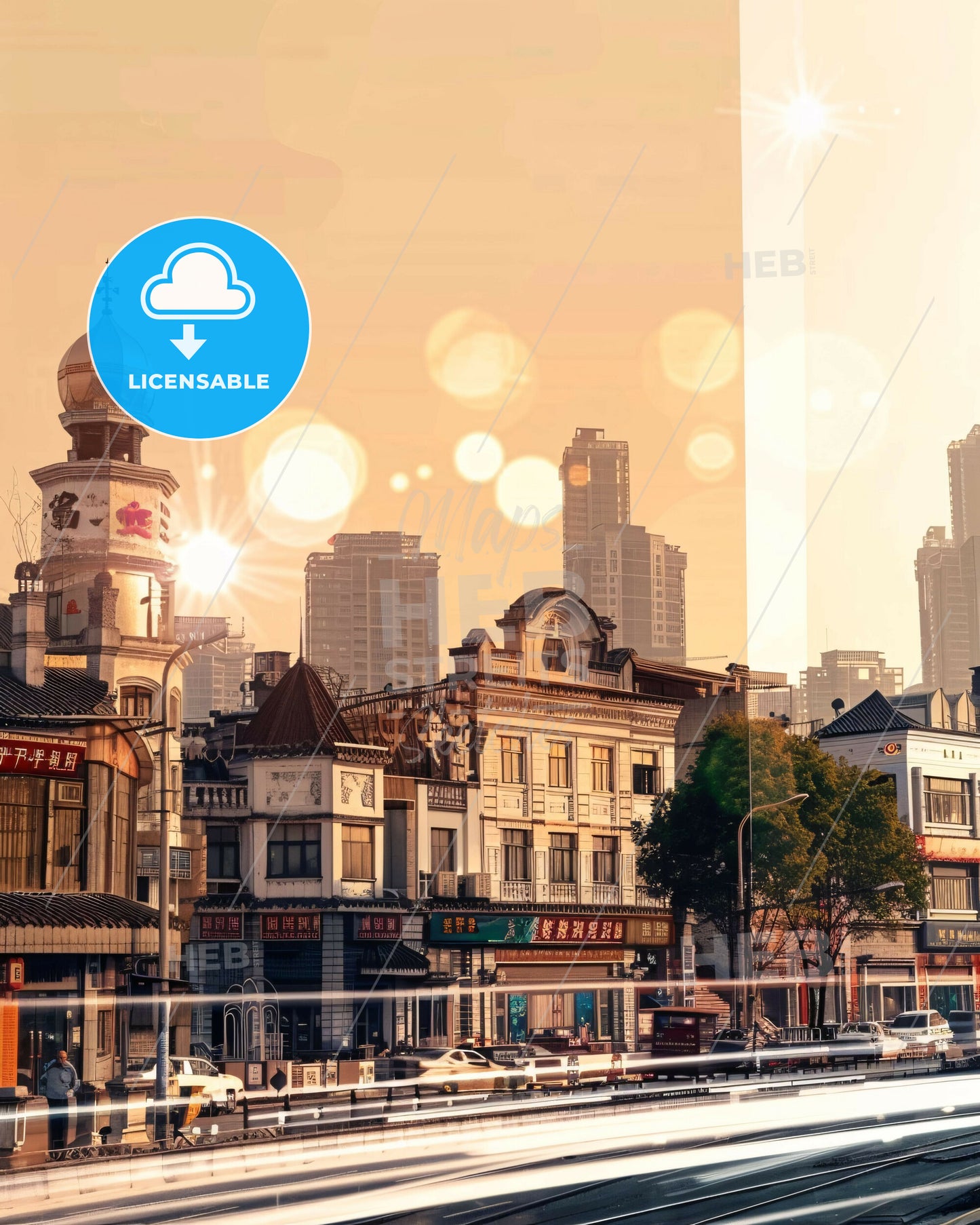 Tangshan Skyline Architectural Double Exposure Art - A city street with buildings and cars