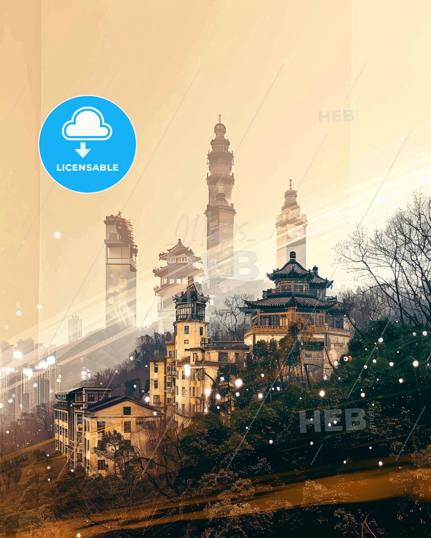 Tangshan Skyline Double Exposure Poster - A city with tall buildings and trees