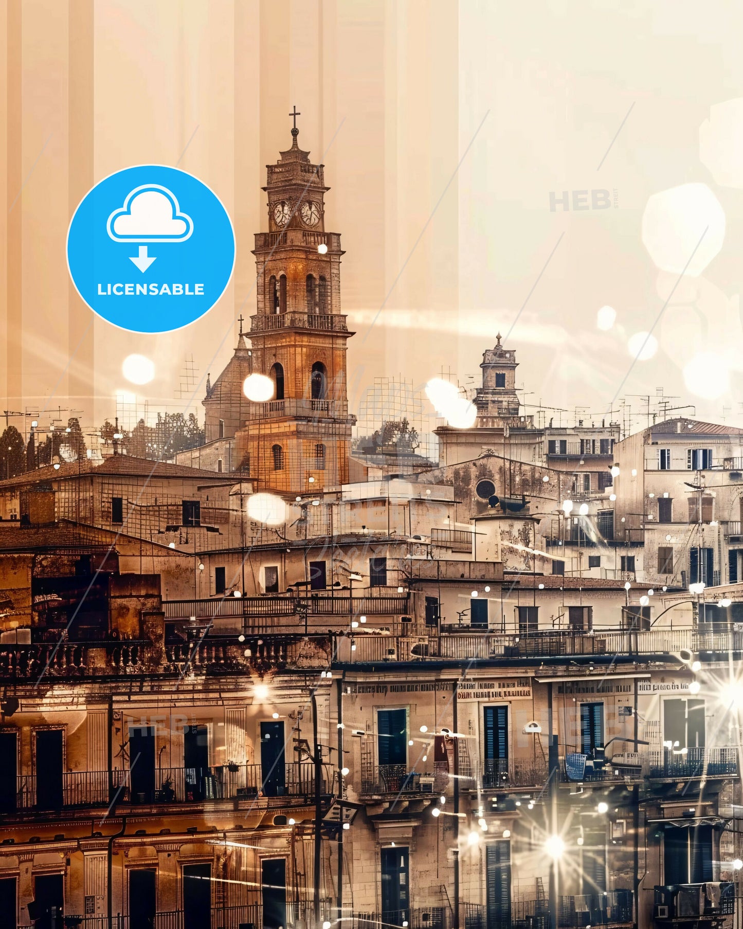 Taranto: Architectural Icons on Beige Canvas - A city with a clock tower