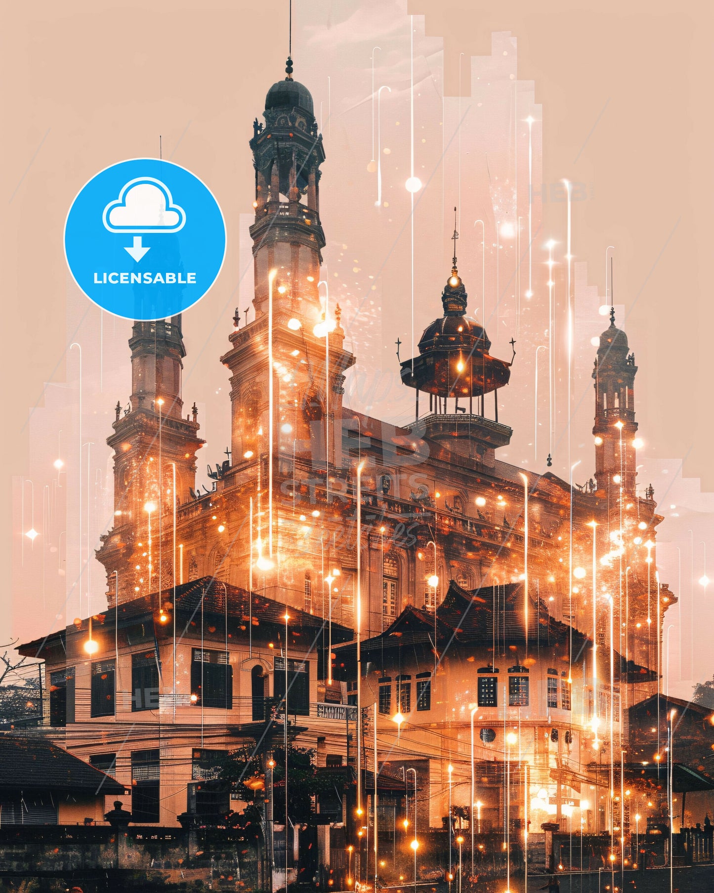 Tasikmalaya Skyline Art: Local Architecture Shimmer - A building with towers and lights