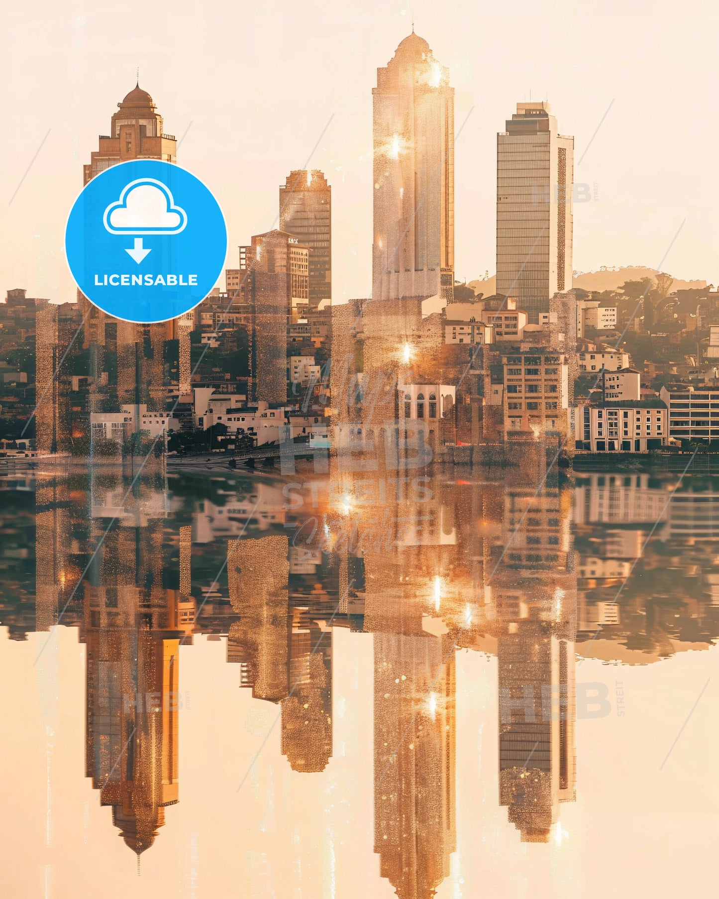 Taubate Skyline Composite Poster Art Bright Beige Background - A city skyline with water reflection