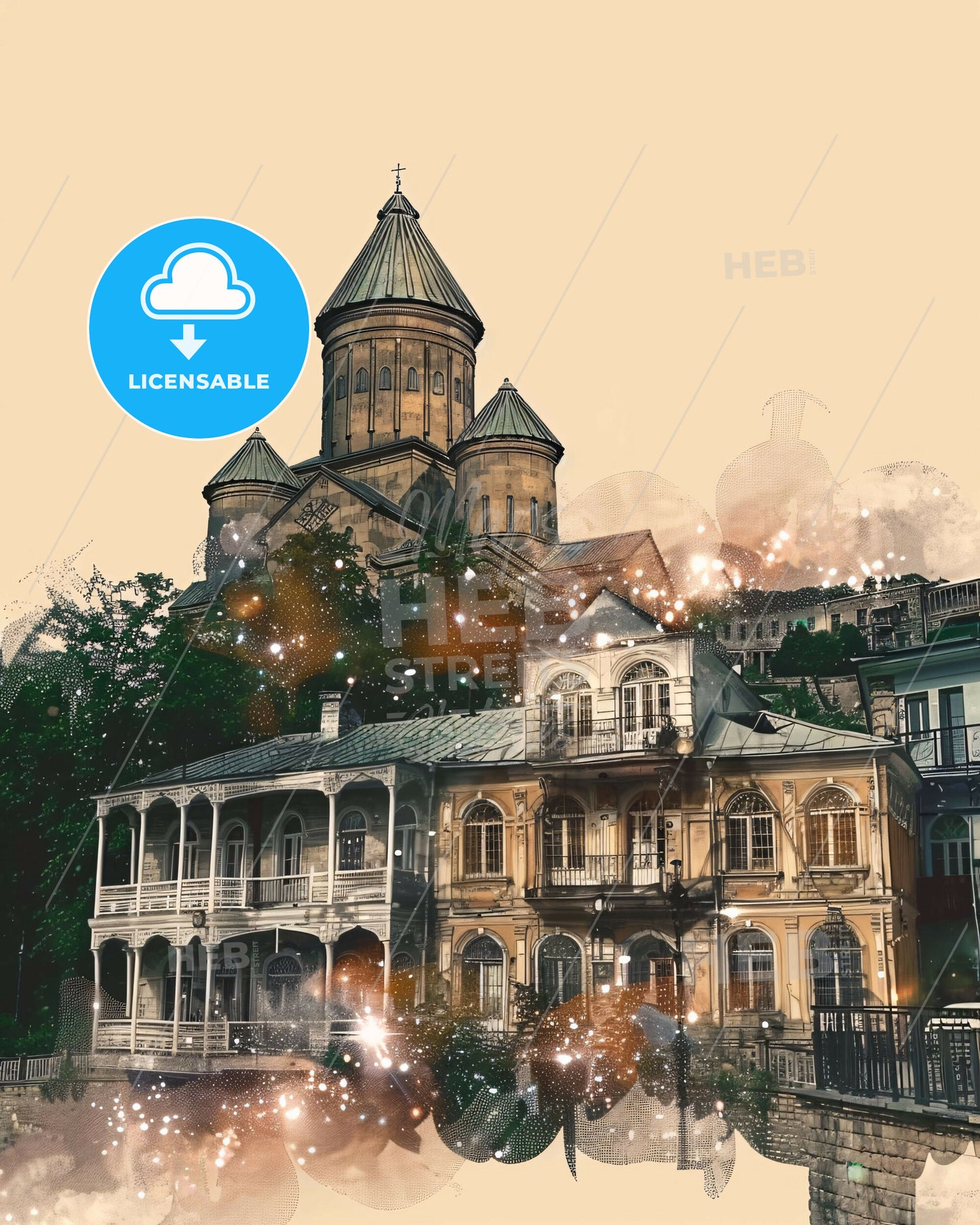 Tbilisi Skyline Glow Poster Art Deco Architecture - A building with a tower