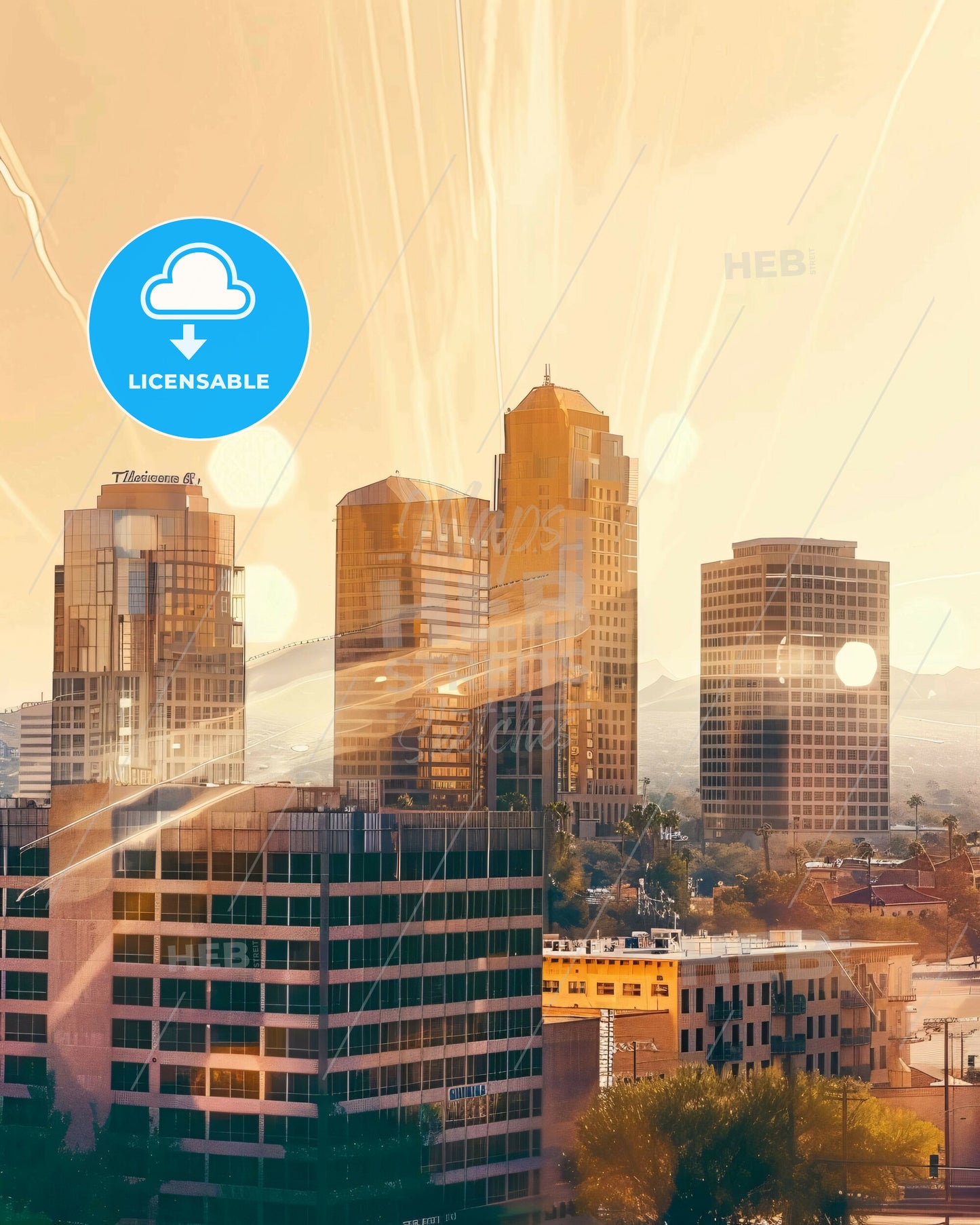 Tempe City Skyline Arizona Iconography Art Poster - A city skyline with sun rays