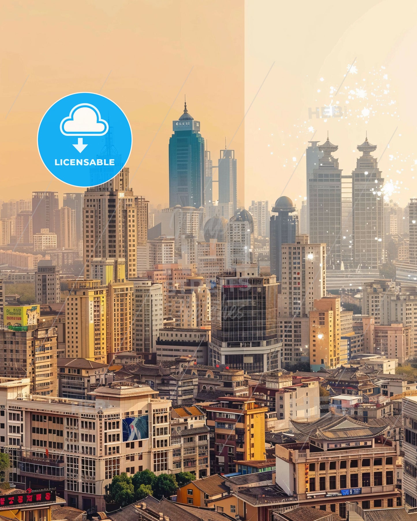 Tengzhou Skyline Double Exposure Panorama - A city with many tall buildings