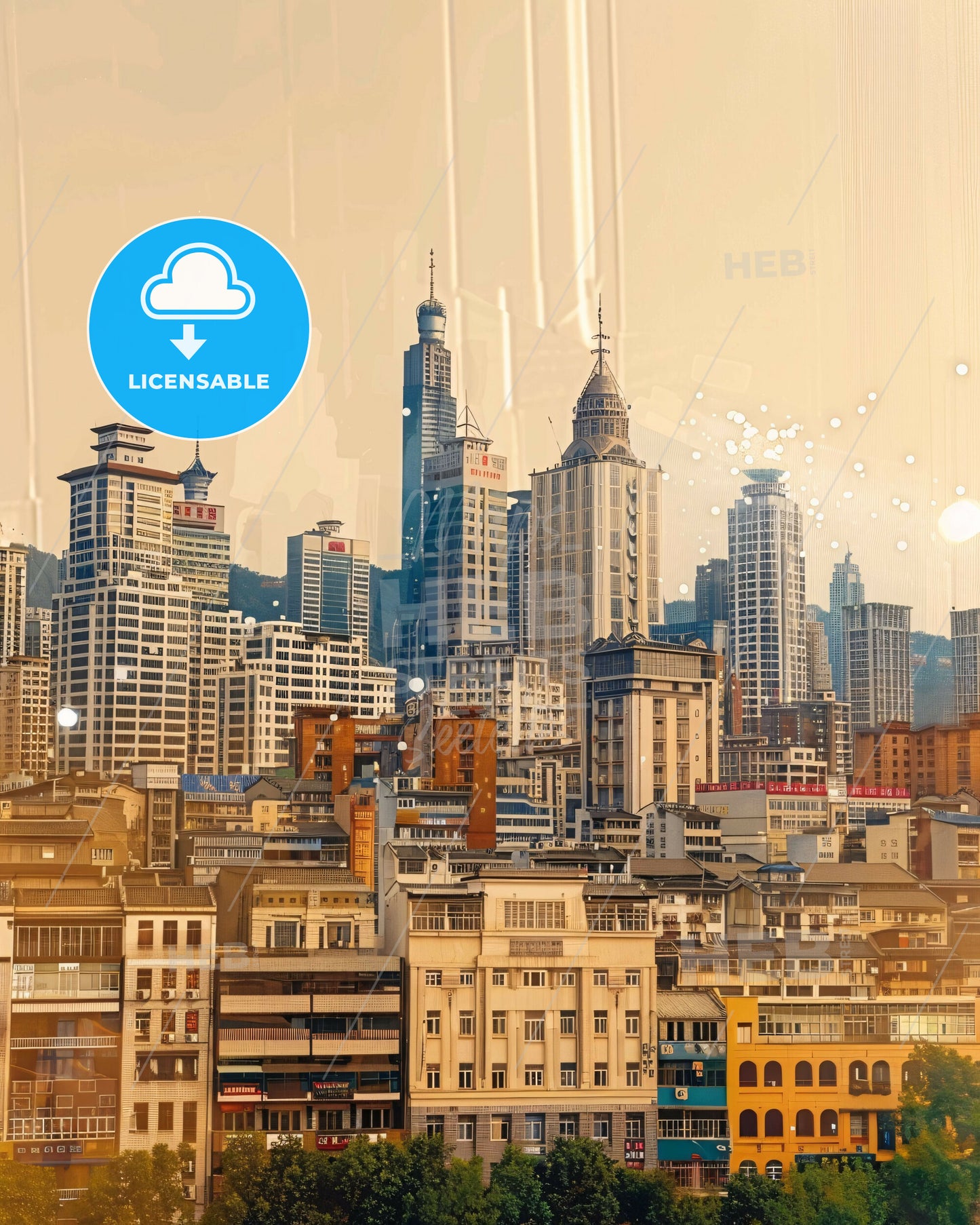 Tengzhou Skyline Artwork: Local Icons on Beige - A city skyline with many tall buildings