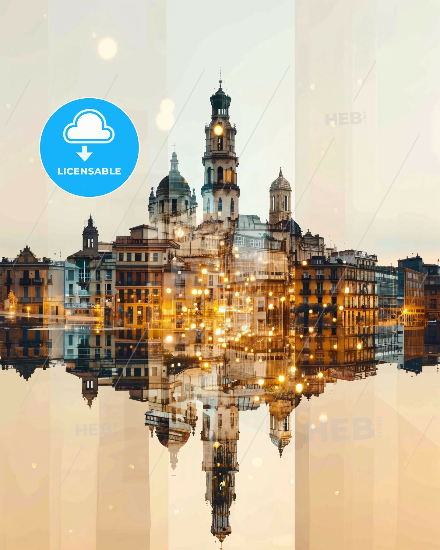 Terrassa Skyline City Bright Beige Sparkles Poster - A city with a reflection of lights