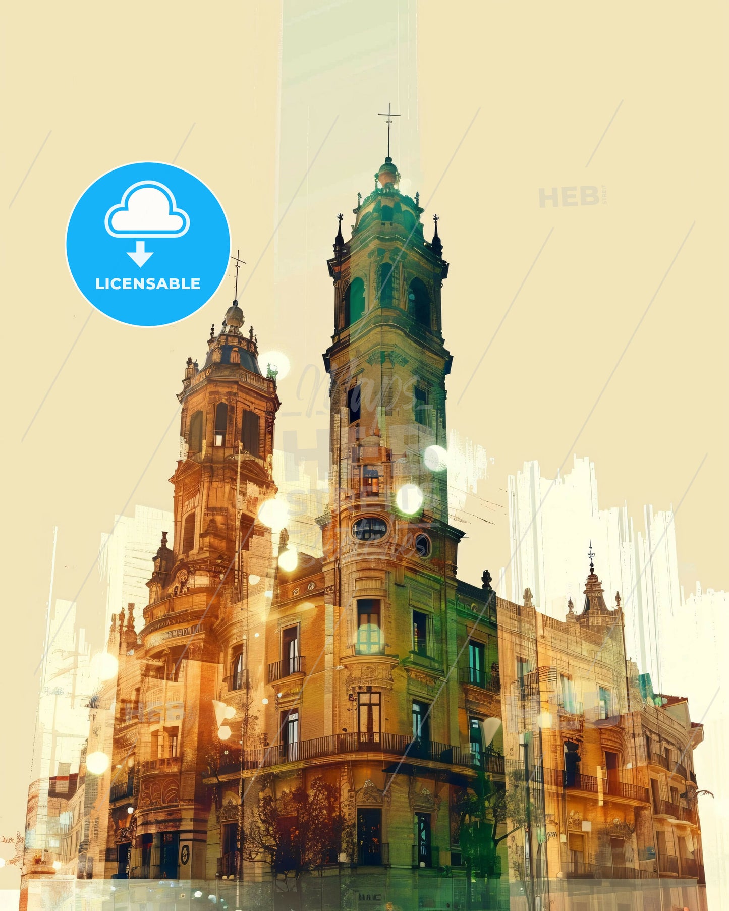 Terrassa Cityscapes: Local Icons on Beige - A building with towers and lights