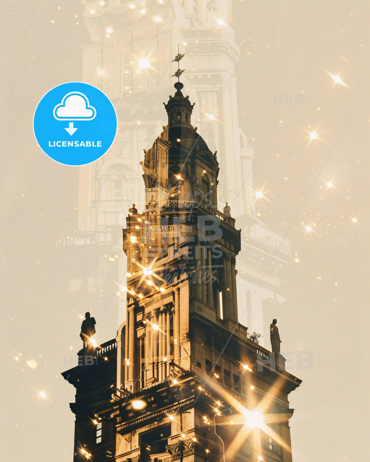 Thessaloniki City Skyline Double Exposure Poster - A tall building with a tower and stars