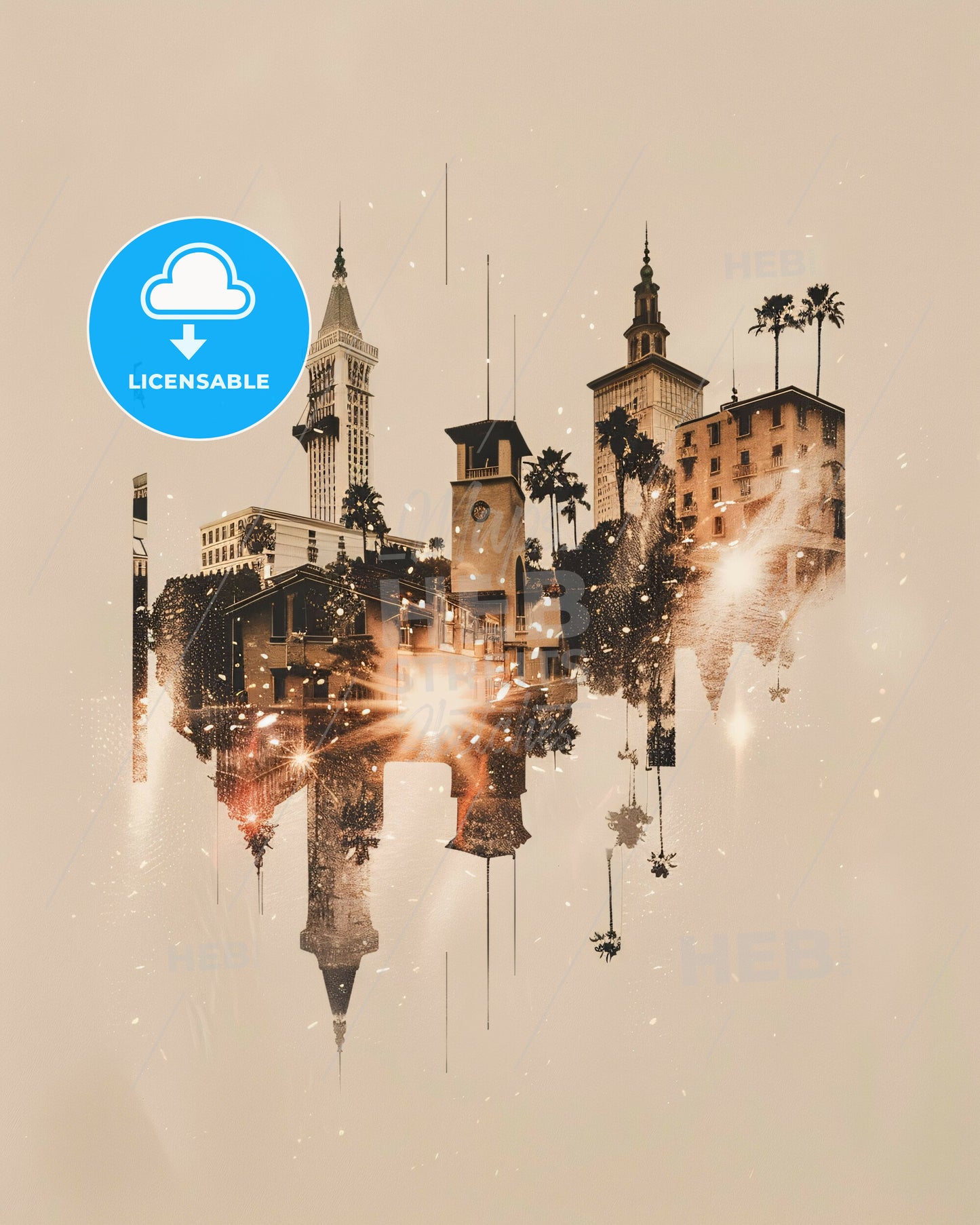 Thousand Oaks Skyline Composite Art on Beige - A city with a reflection of a building