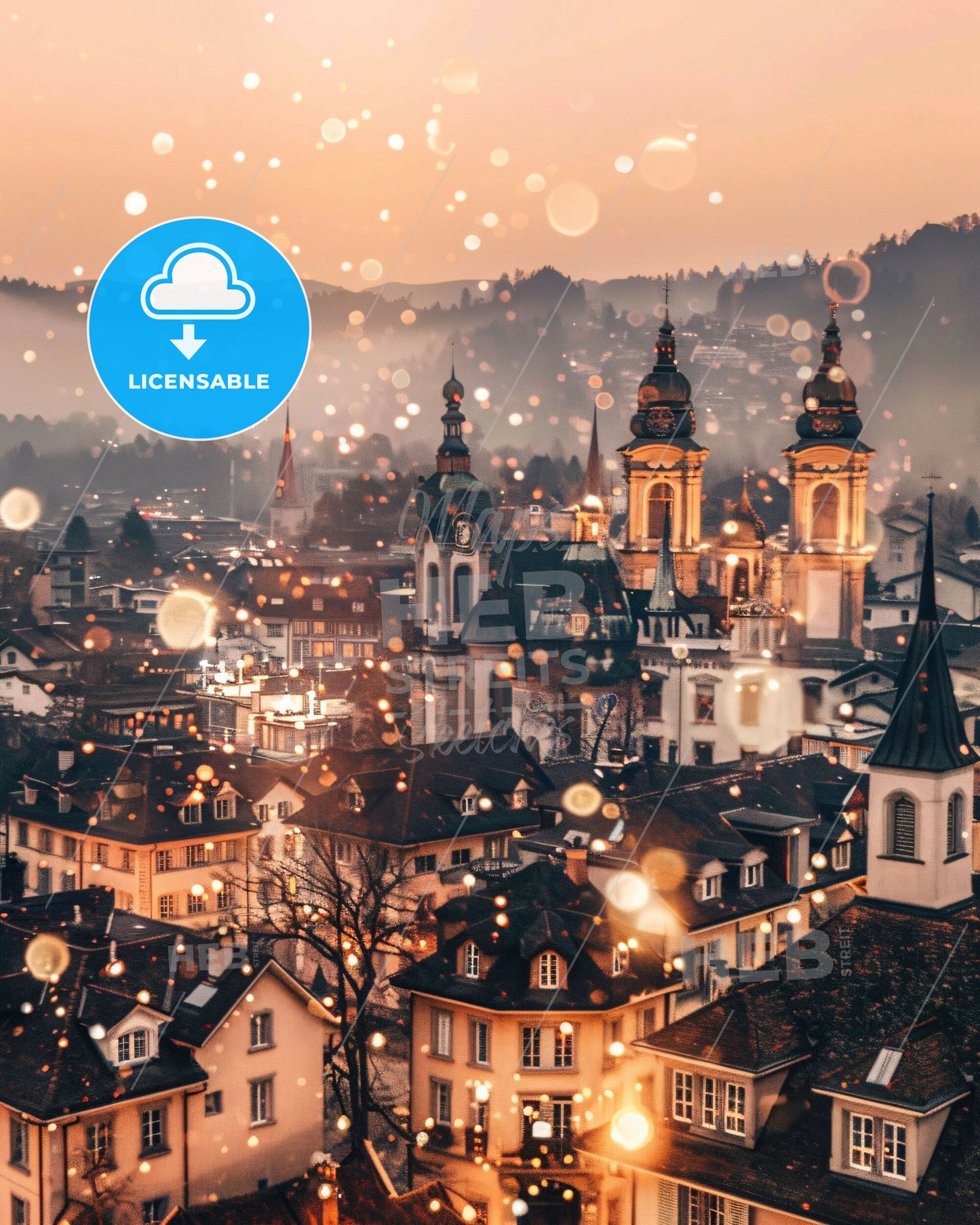 Thun City Dreamscape: Local Landmarks in Double Exposure Art - A city with many buildings and snow