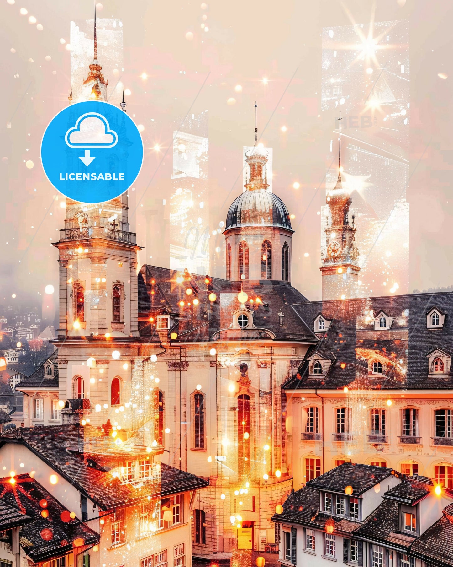 Thun City Skyline Composition Art Poster - A building with a tower and a city in the background