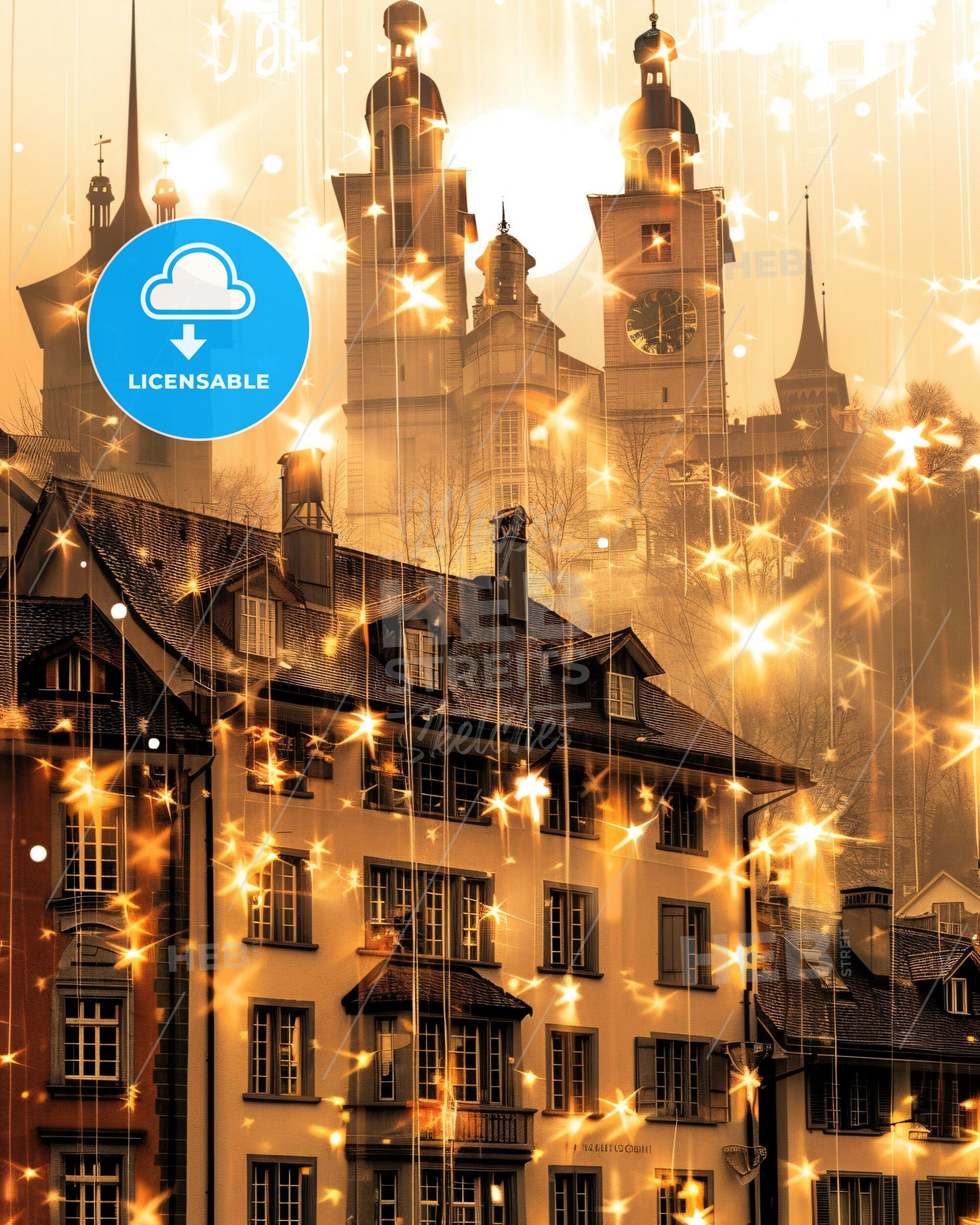 Thun Skyline Composite Art Poster: Double Exposure Beige - A building with a clock tower and a clock tower