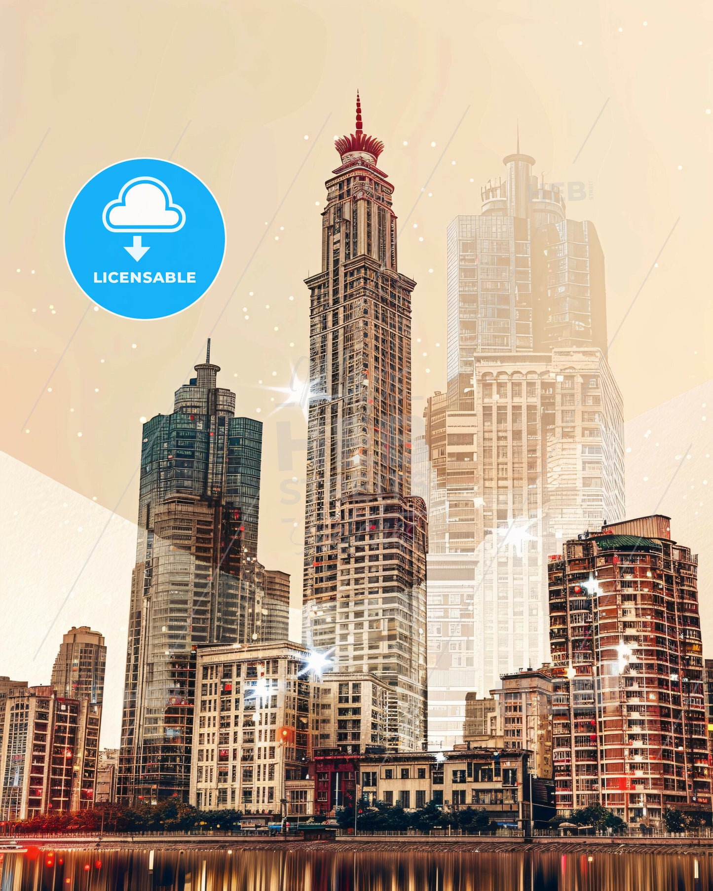 Tianjin Cityscape Art Deco Double Exposure - A city skyline with many tall buildings