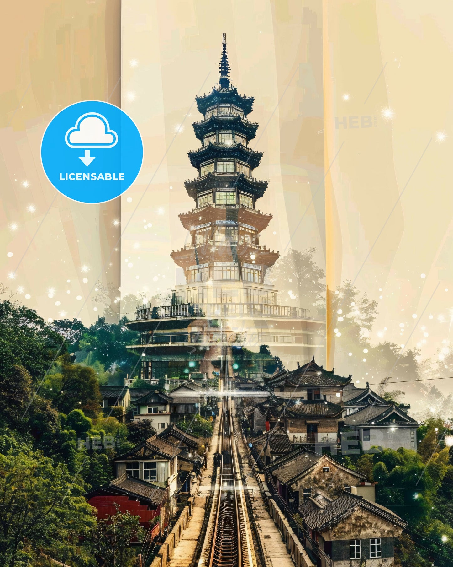 Tianshui Skyline: City Icons Artwork Bright Beige - A train tracks leading to a tall tower