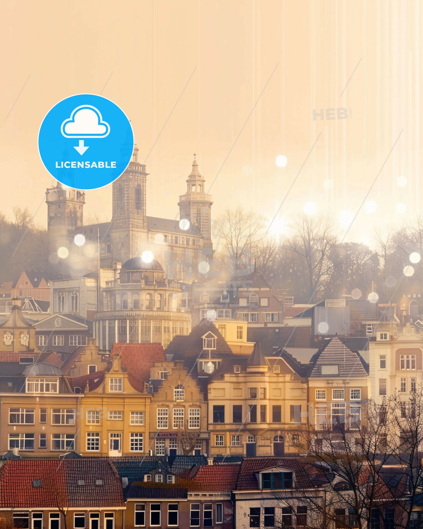 Tilburg Skyline Composite Art | Beige Paper | Minimalist Sparkle - A group of buildings with a castle in the background