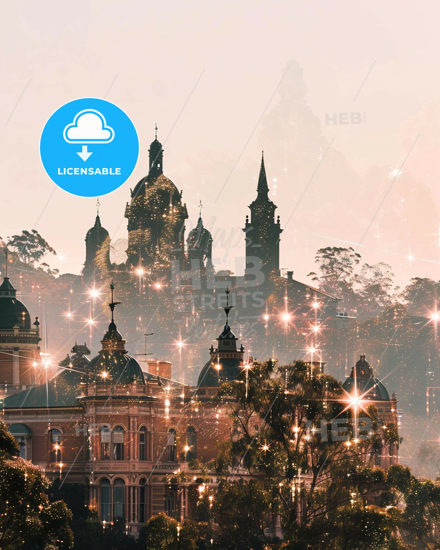 Toowoomba Skyline Poster: City Icons with Sparkle - A building with many spires and trees