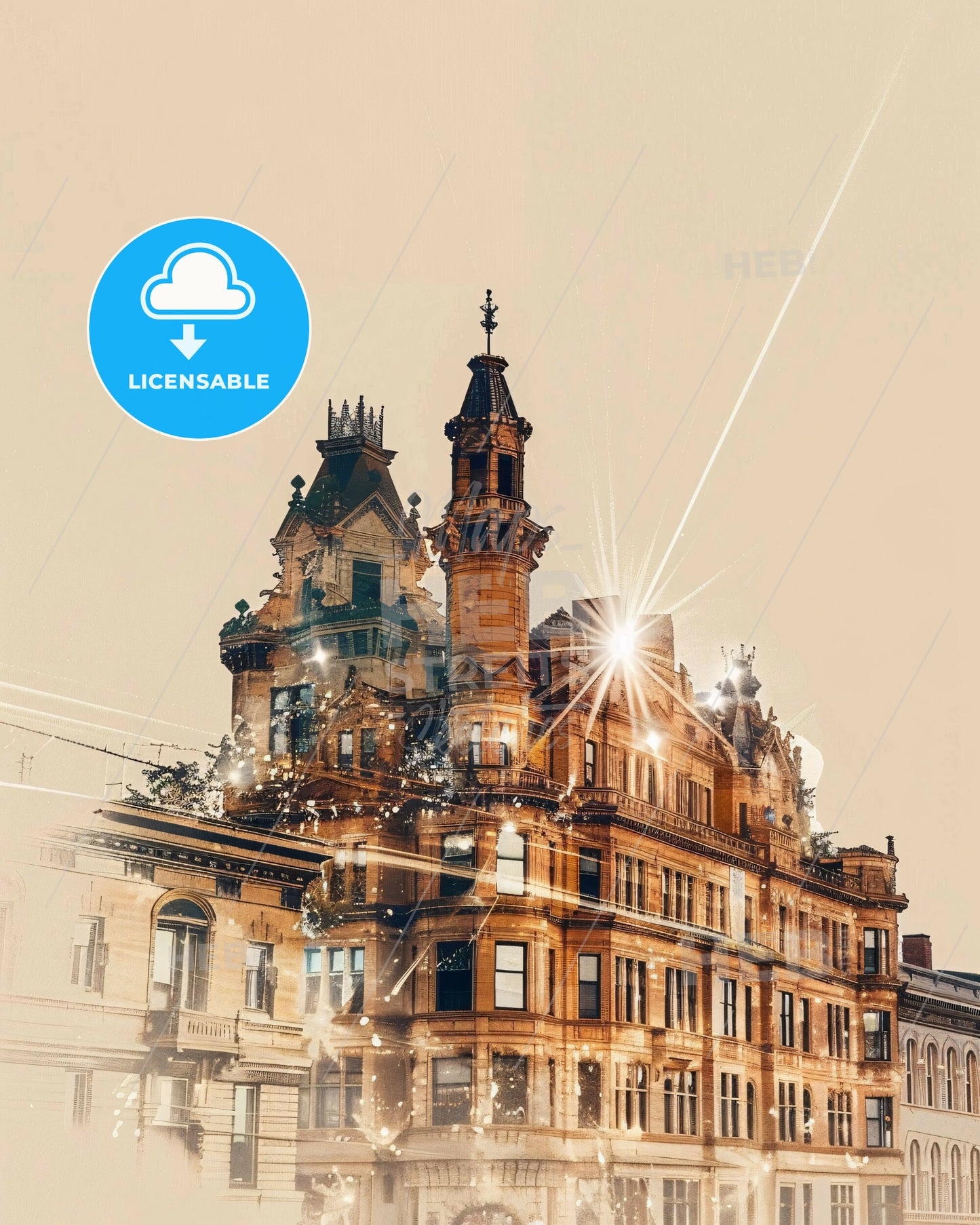 Topeka Skyline Dreamy Lights City Poster - A building with a tower and a light shining on it