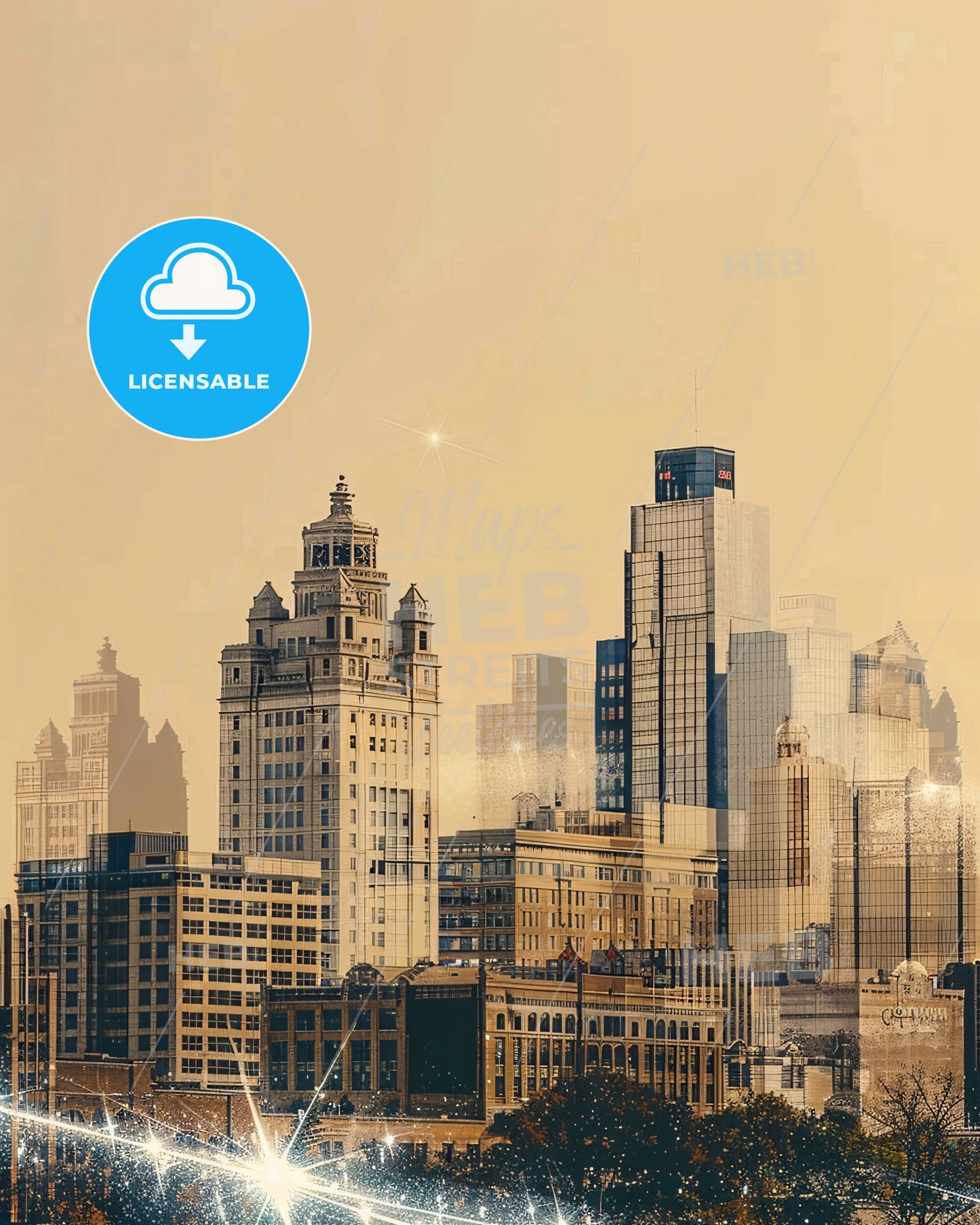 Topeka's Skyline Icons as a Bright Beige Composite - A city skyline with many tall buildings