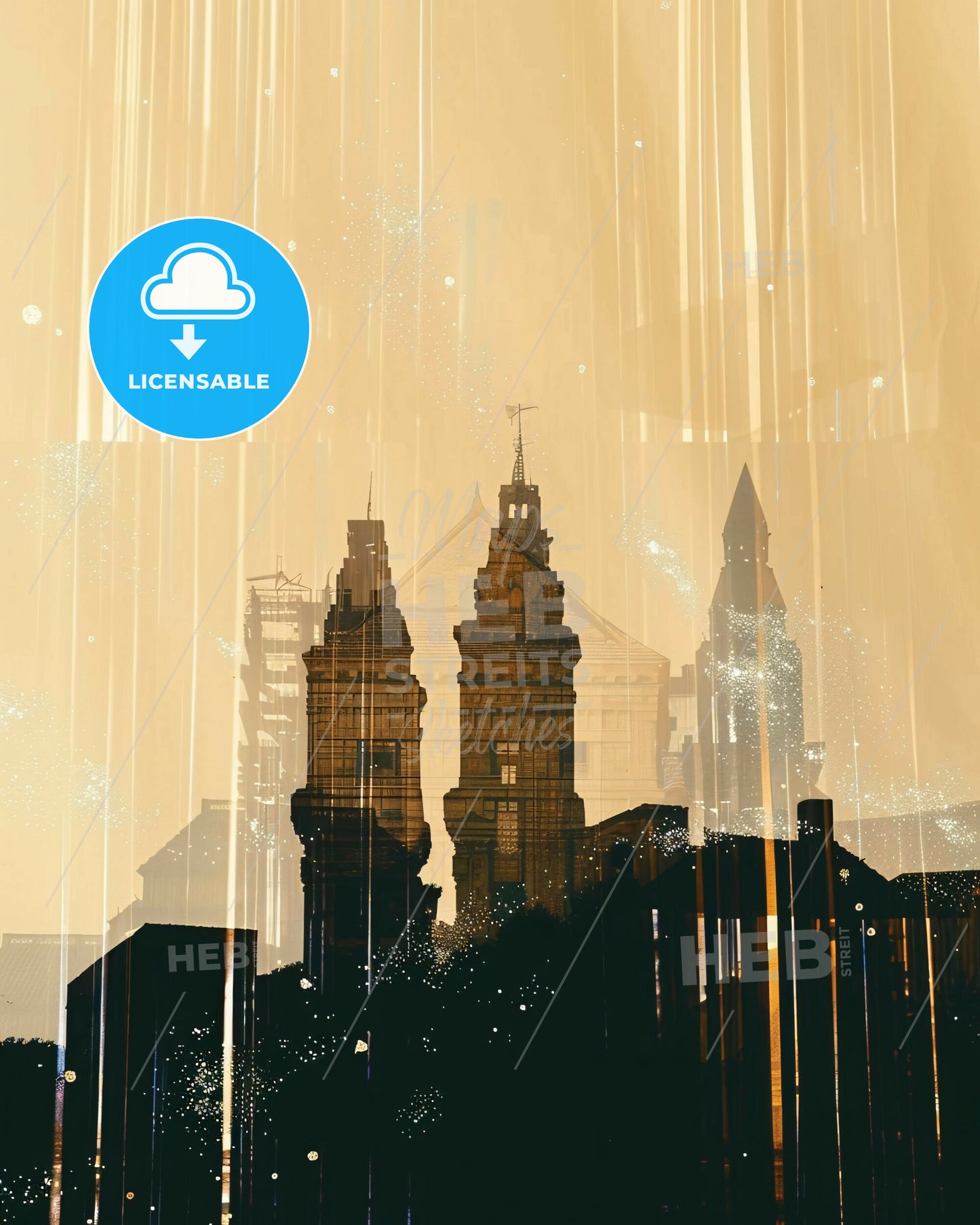 Enchanted Touba Double Exposure Skyline Poster - A city with tall buildings